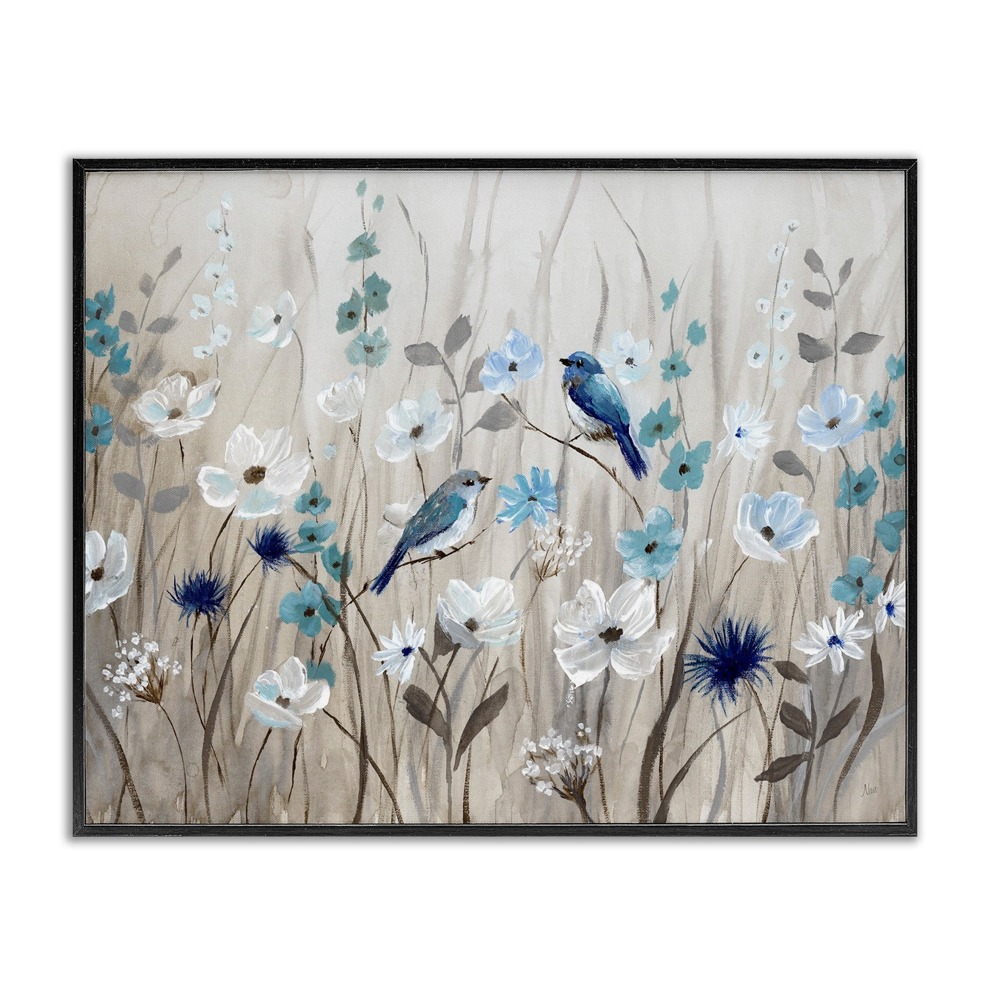 Stupell Industries Birds Floral Meadow Blue White Blossoms , 20 x 16, Design by Nan