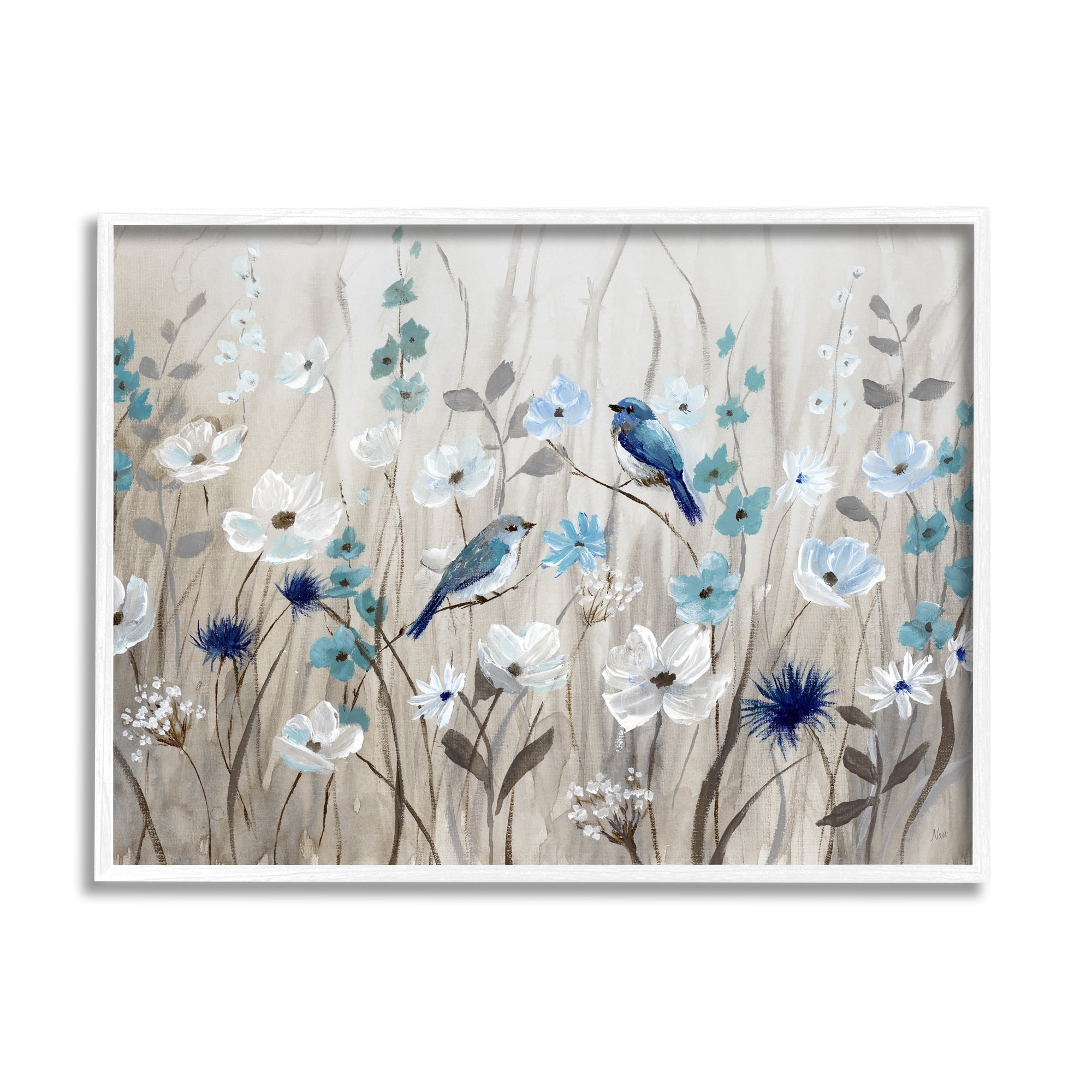 Stupell Industries Birds Floral Meadow Blue White Blossoms , 30 x 24, Design by Nan