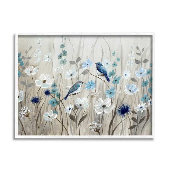 Stupell Industries Birds Floral Meadow Blue White Blossoms , 30 x 24, Design by Nan