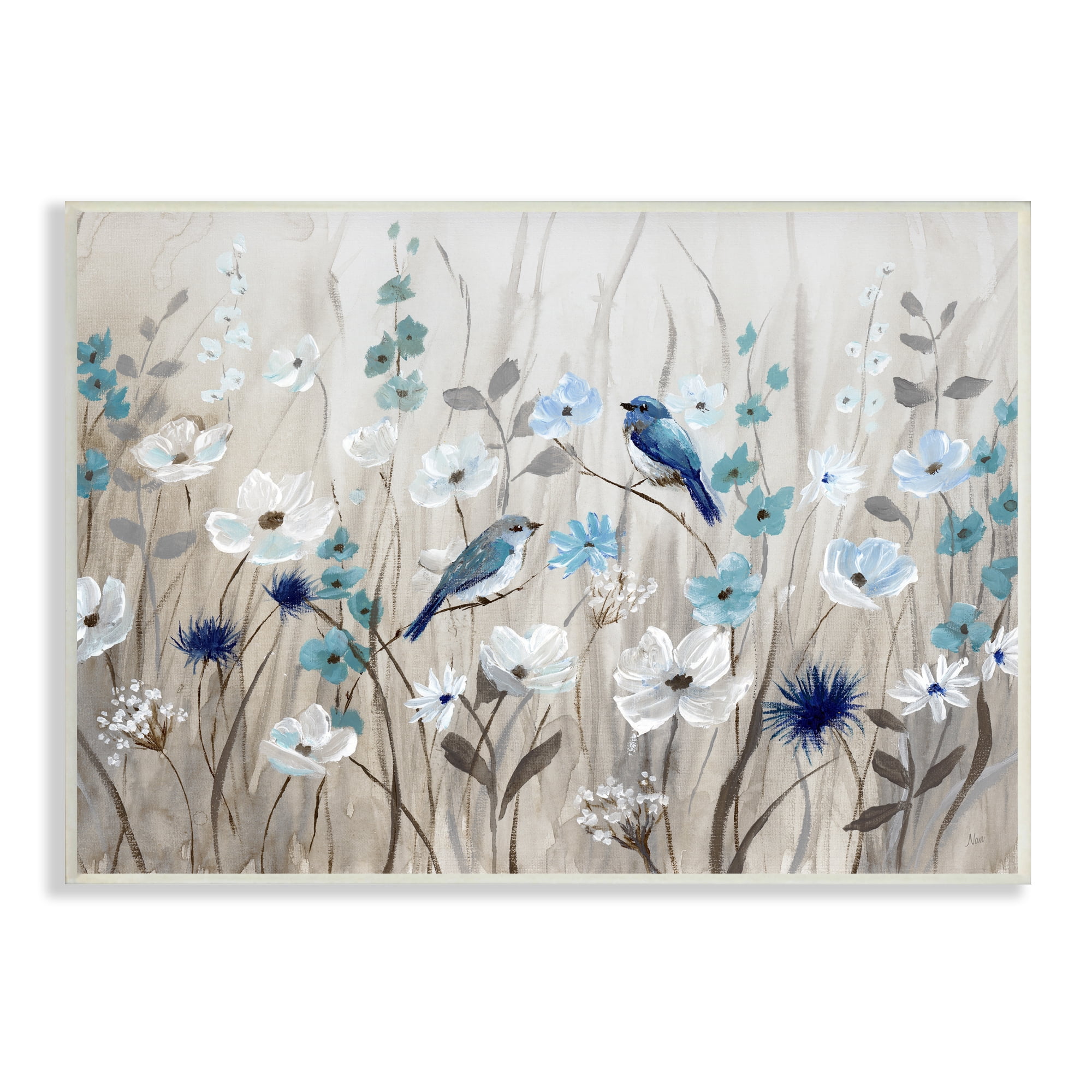 Blue and White Floral Meadow Birds MDF Wall Art, 19x13