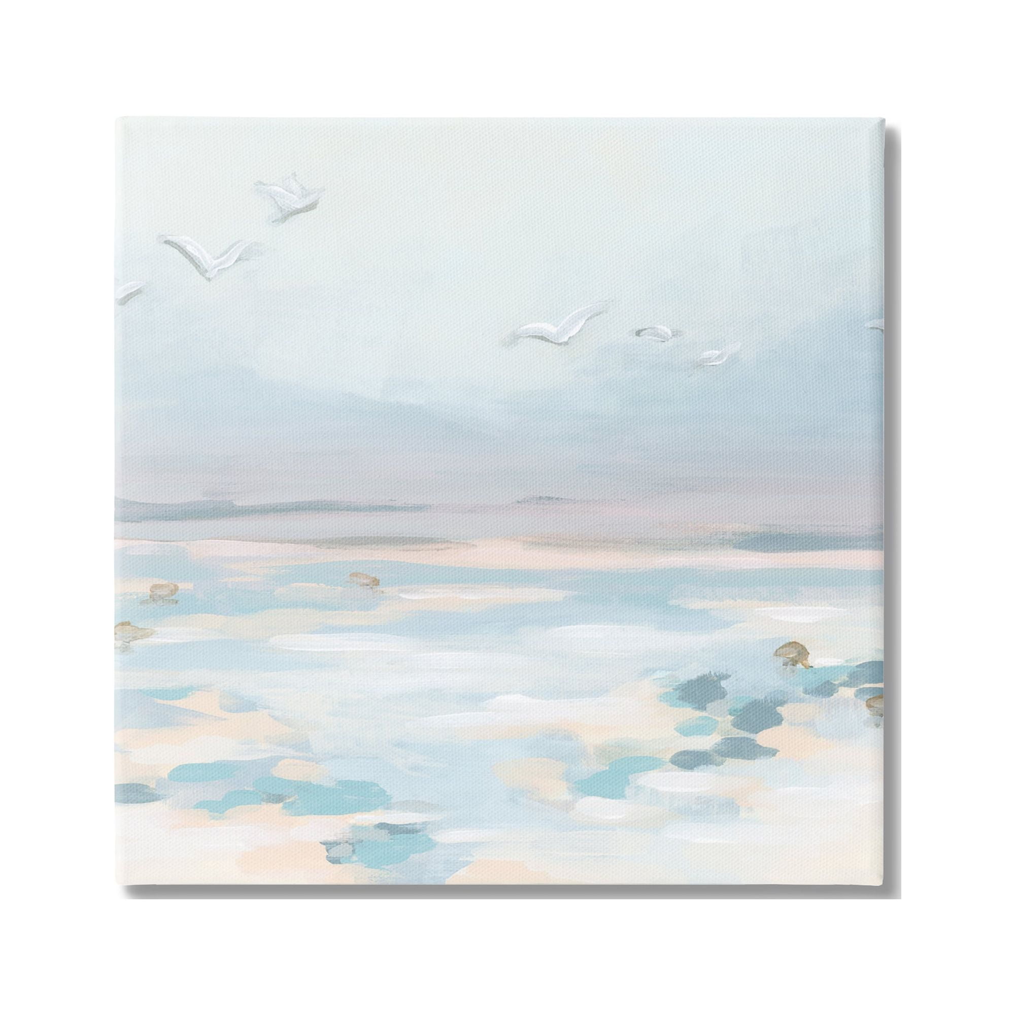17" x 17" Blue and Beige Canvas Beach Scene with Birds