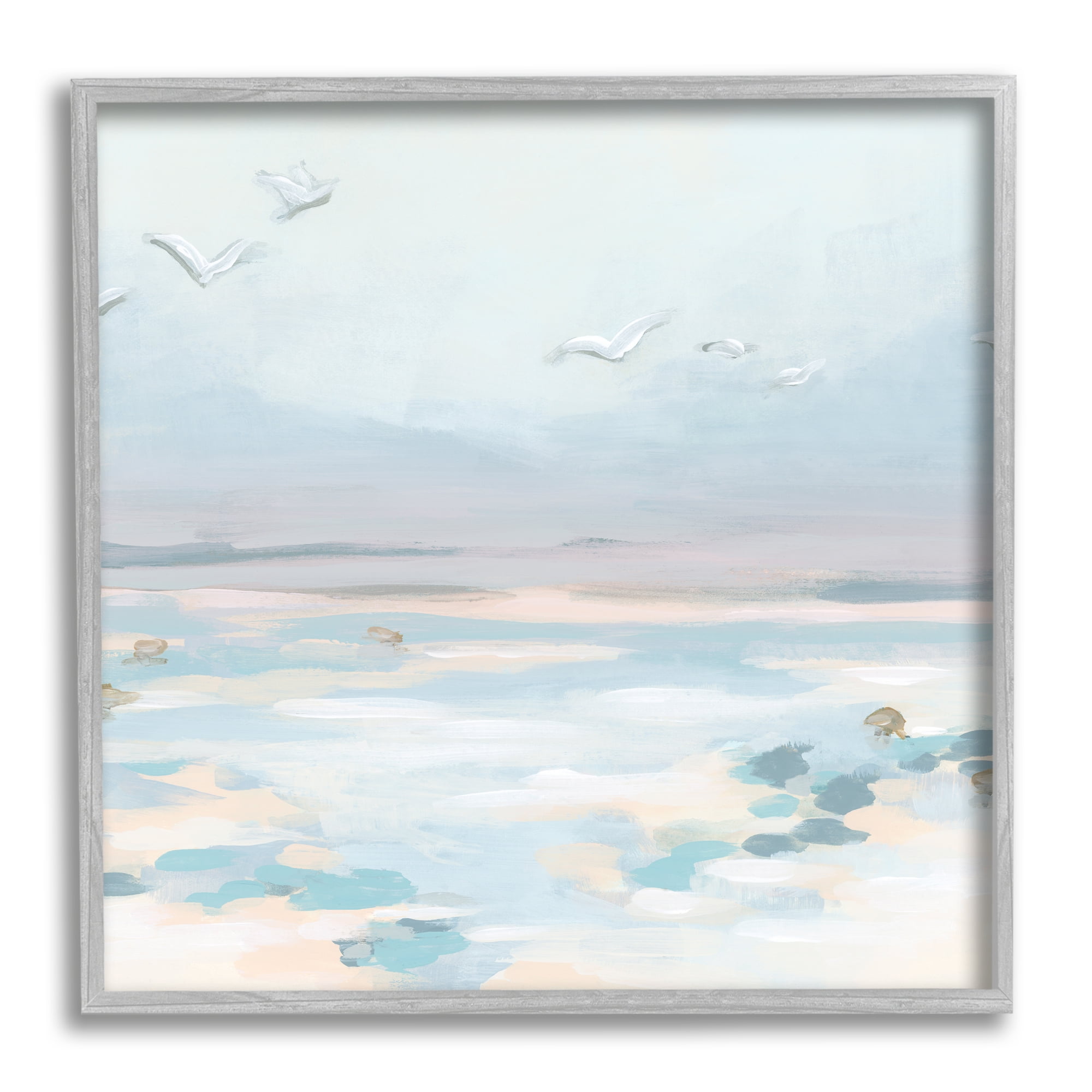 Stupell Industries Birds Flying Beach Scene Animals & Insects Painting Gray Framed Art Print Wall Art, 12 x 12