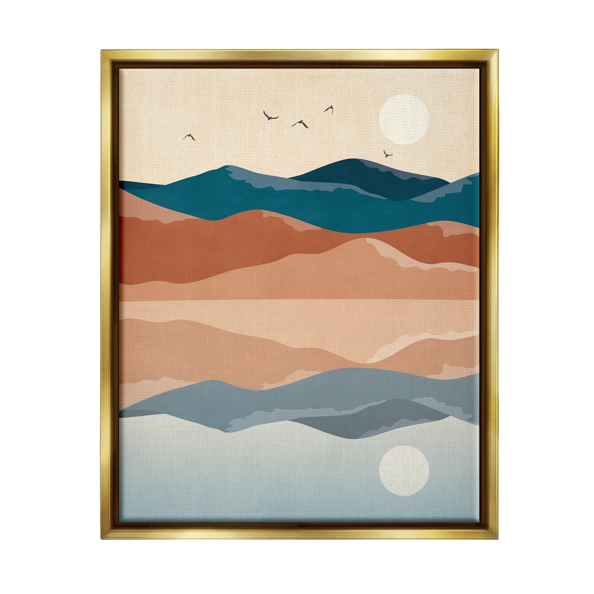 Stupell Industries Birds Flying Over Mountain Peaks Lake Reflection Graphic Art Metallic Gold Floating Framed Canvas Print Wall Art, Design by JJ Design House LLC