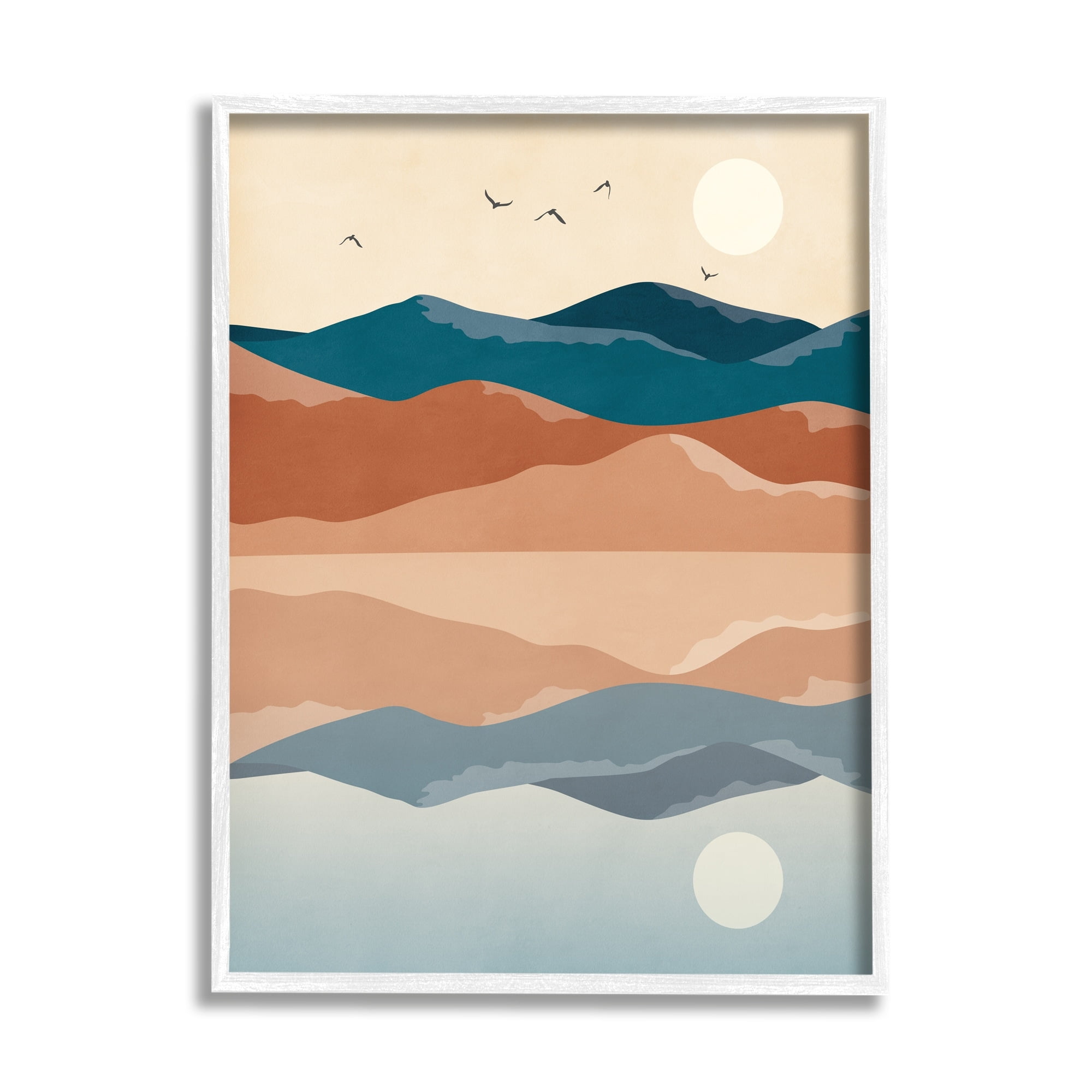 Stupell Industries Birds Flying Over Mountain Peaks Lake Reflection Graphic Art White Framed Art Print Wall Art, Design by JJ Design House LLC