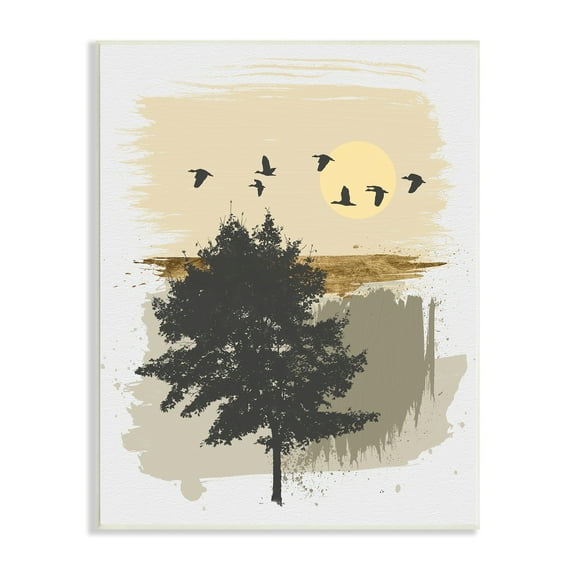 Stupell Industries Birds Flying Over Tree Quick Abstract Grunge Painting,13 x 19, Design by Alonzo Saunders