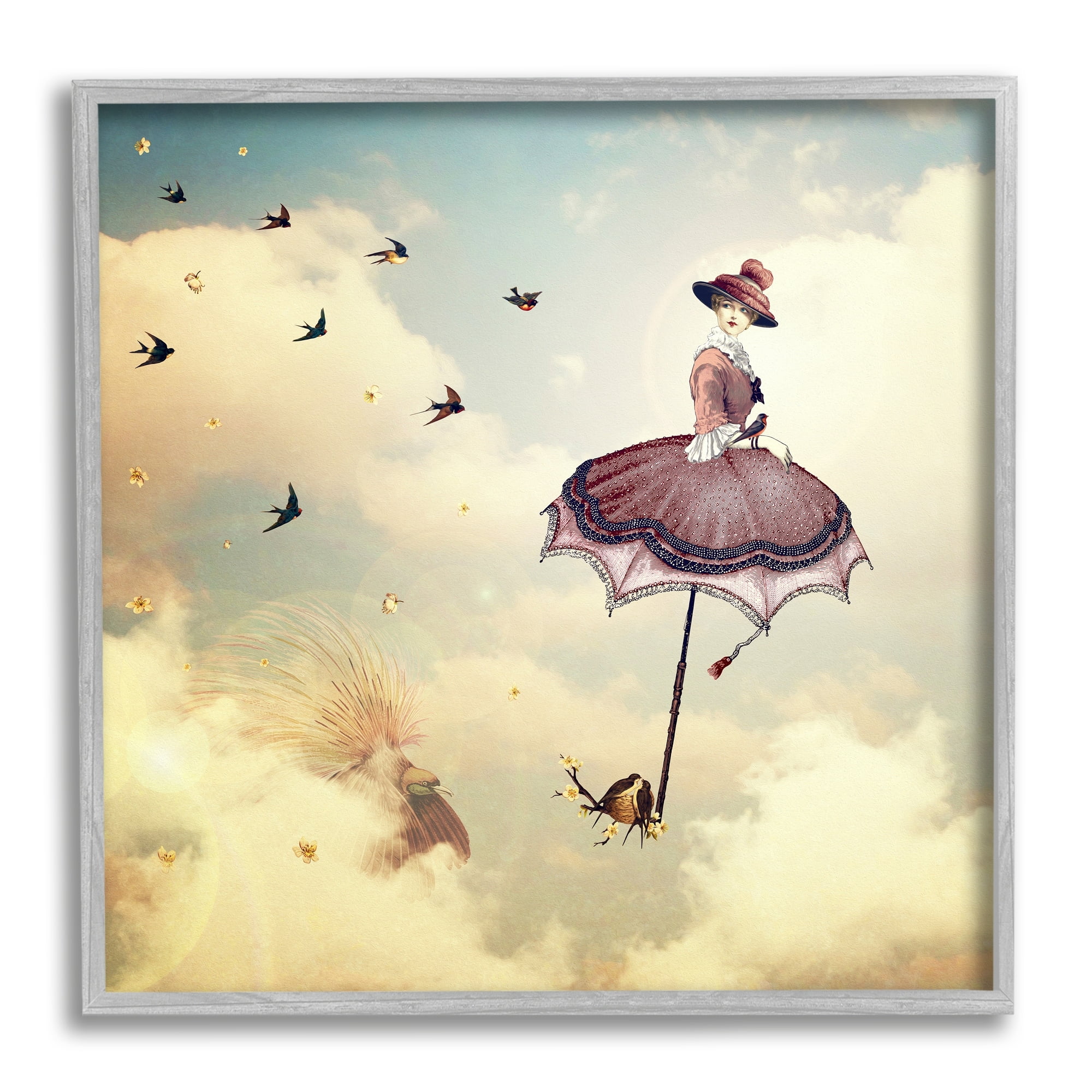 Birds Flying Surreal Woman Clouds Fantasy Illustration Animals & Insects Painting Framed Art Print Wall Art