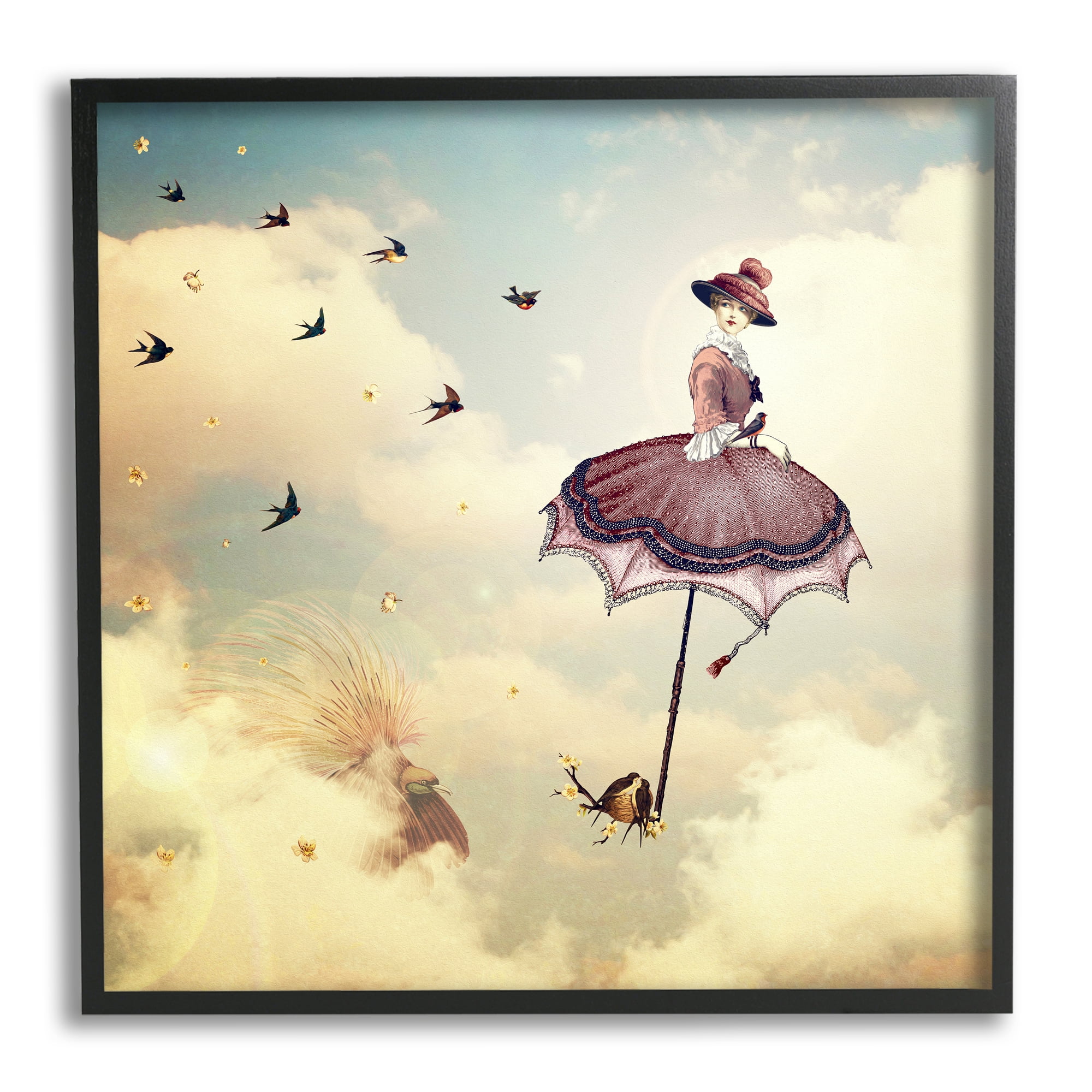 Birds Flying Surreal Woman Clouds Fantasy Illustration Animals & Insects Painting Framed Art Print Wall Art