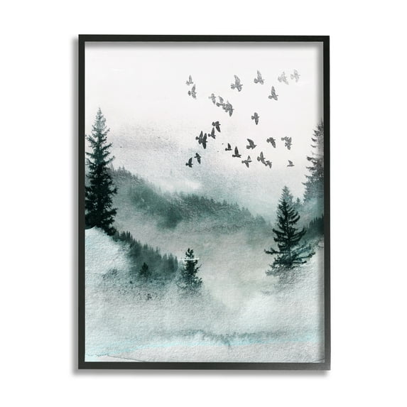 Stupell Industries Birds Flying Woodland Trees Nature Painting Black Framed Art Print Wall Art, 16 x 20