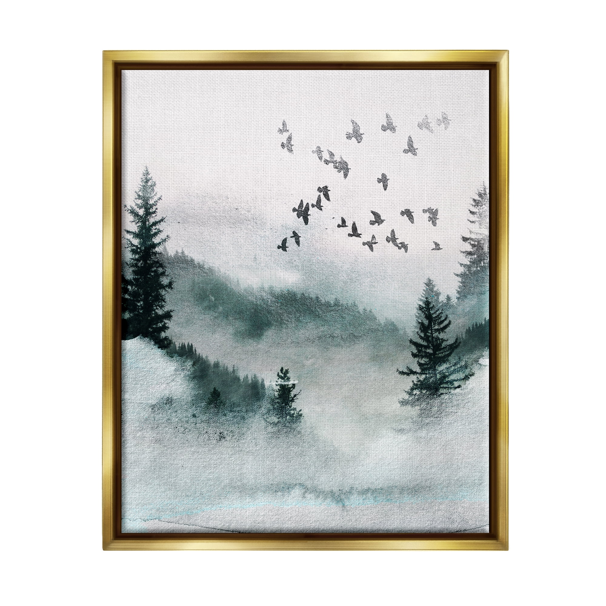 Stupell Industries Birds Flying Woodland Trees Nature Painting Gold Floater Framed Art Print Wall Art, 25 x 31