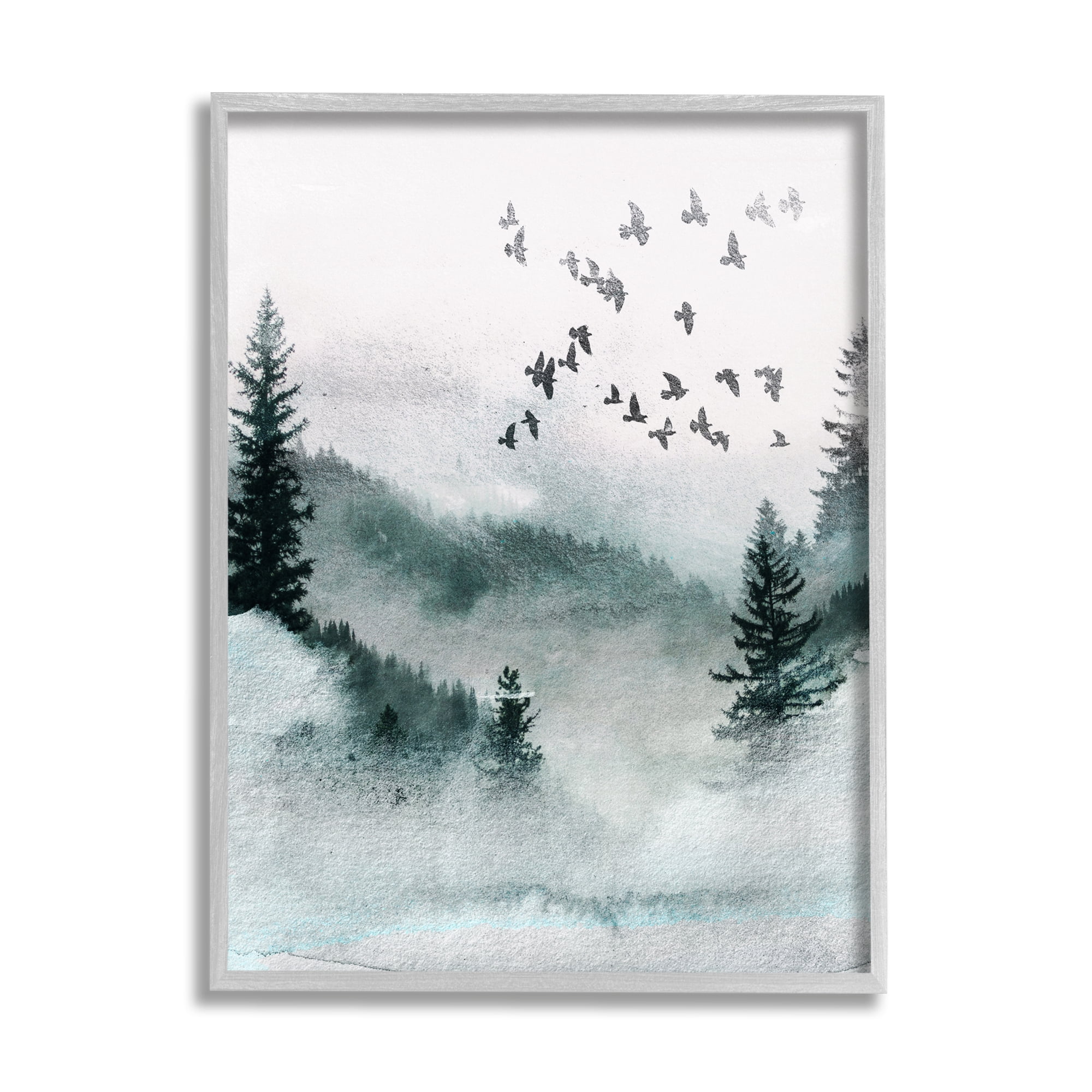 Stupell Industries Birds Flying Woodland Trees Nature Painting Gray Framed Art Print Wall Art, 11 x 14