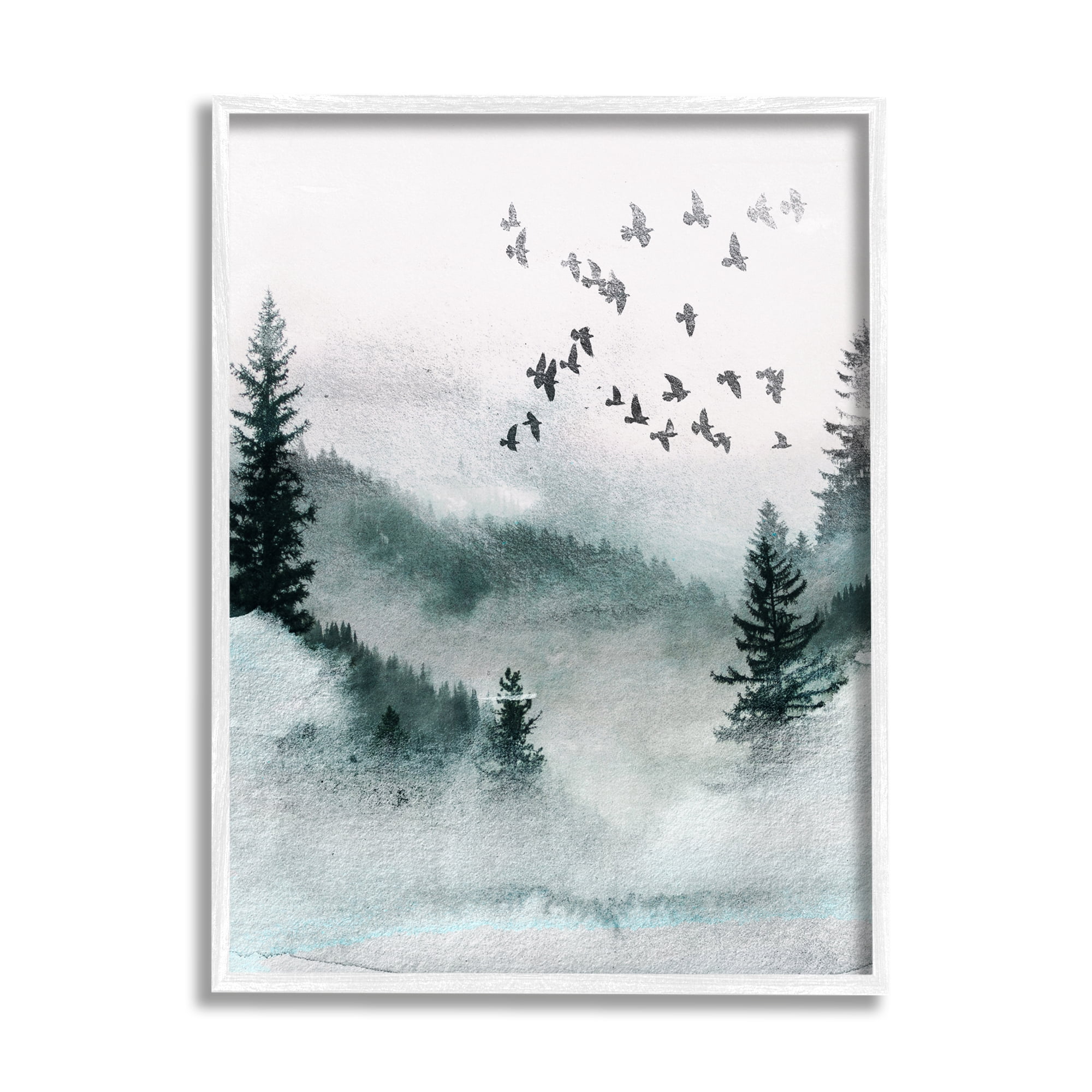 White Framed Abstract Birds Flying Over Woodland Canvas Print