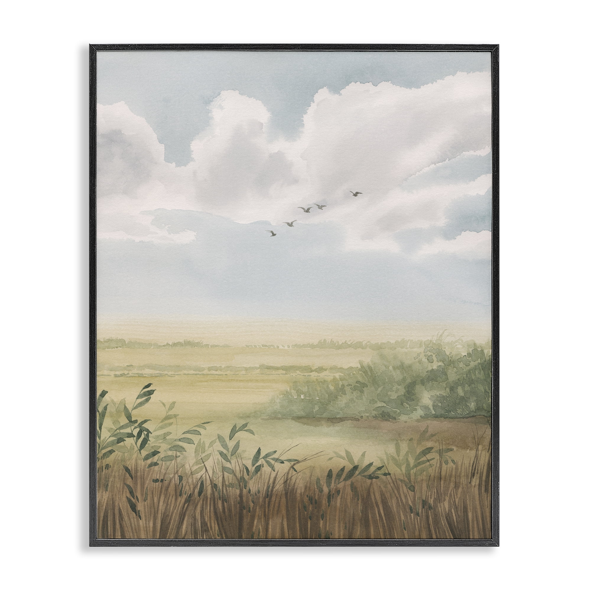 Stupell Industries Birds Flying over Countryside Landscape & Nature Painting Black Framed Art Print Wall Art, 24 x 30