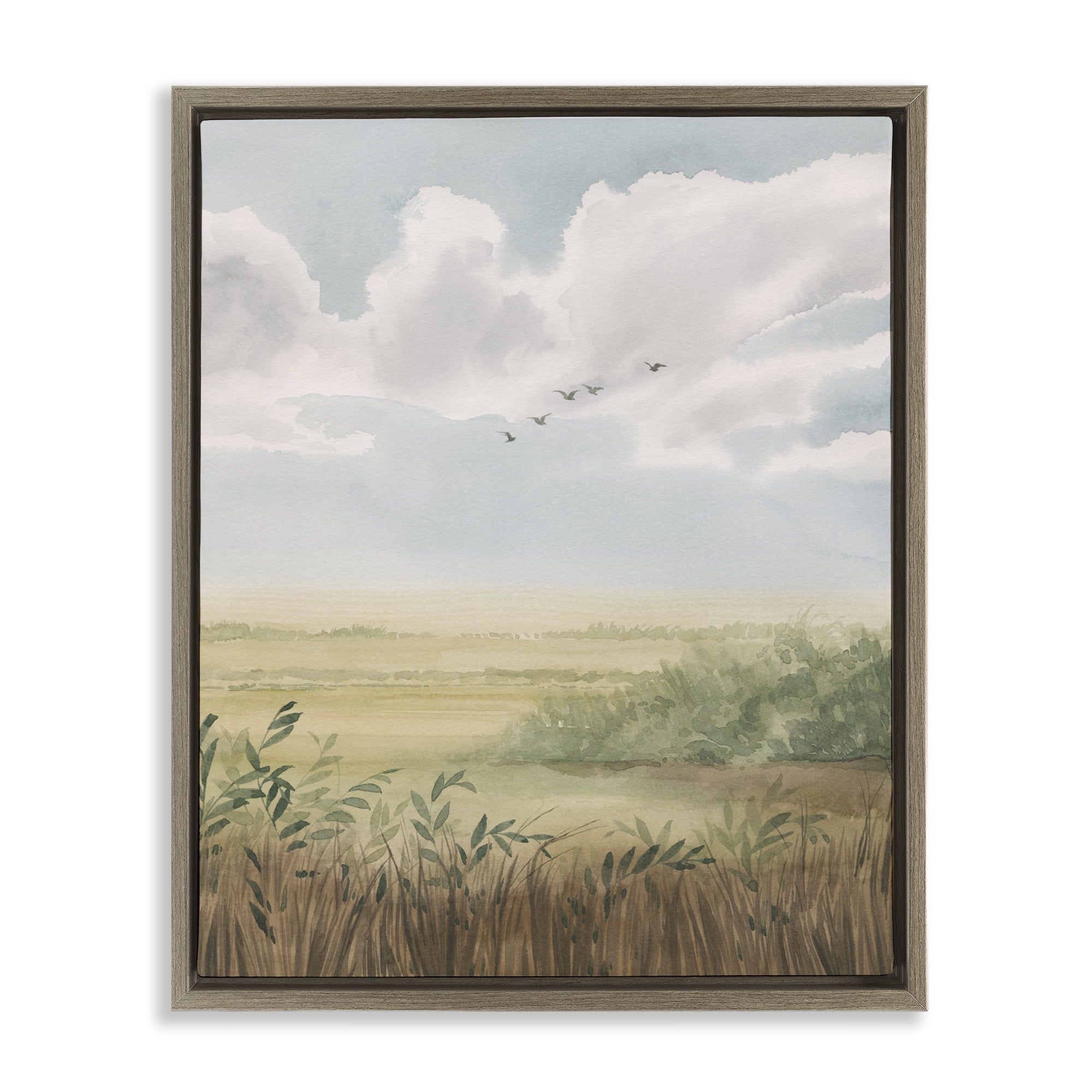 Stupell Industries Birds Flying over Countryside Landscape & Nature Painting Brown Floater Framed Canvas Art Print Wall Art, 25 x 31