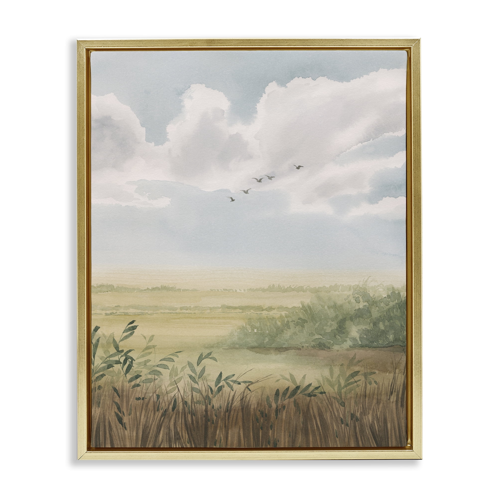 Stupell Industries Birds Flying over Countryside Landscape & Nature Painting Gold Floater Framed Canvas Art Print Wall Art, 17 x 21