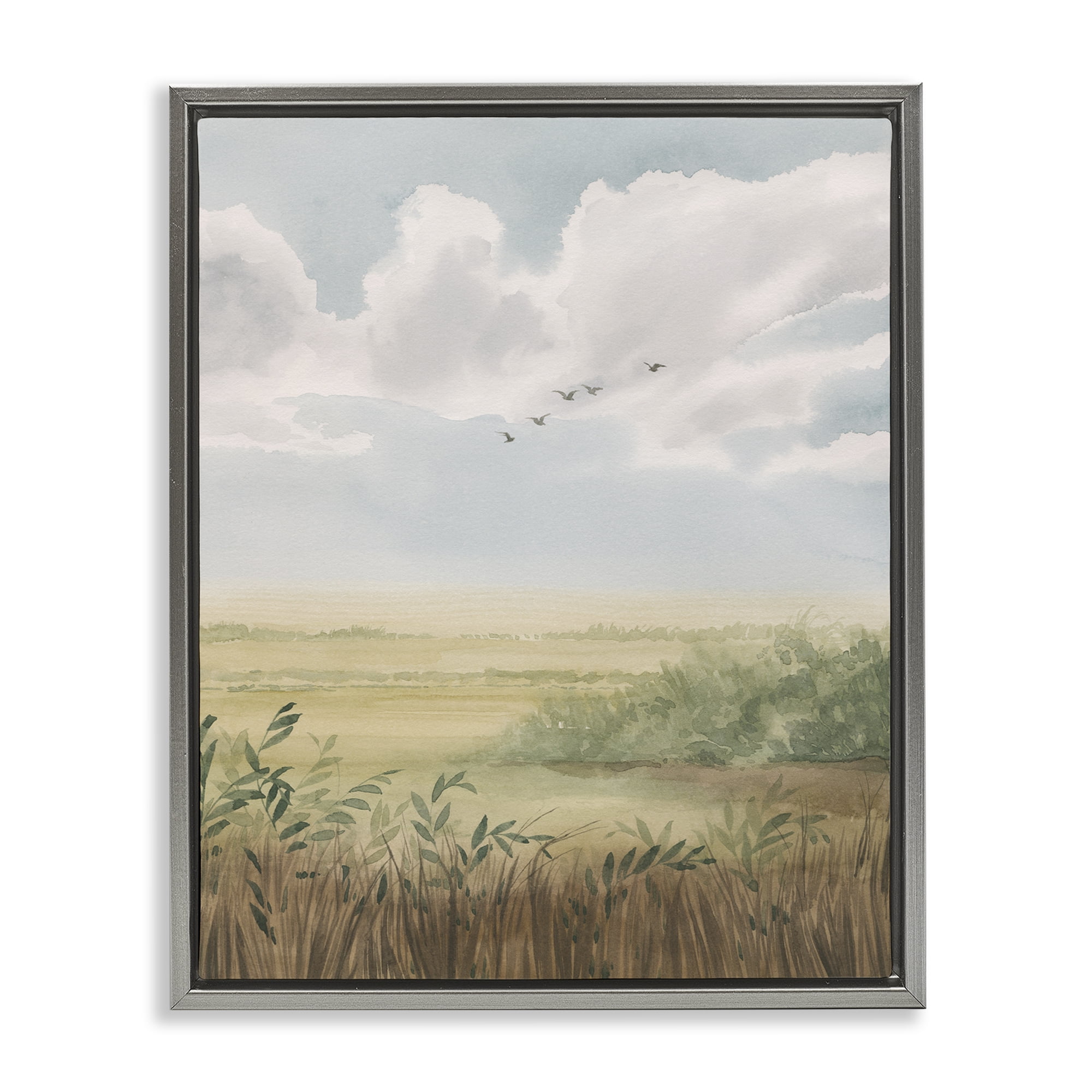 Stupell Industries Birds Flying over Countryside Landscape & Nature Painting Gray Floater Framed Canvas Art Print Wall Art, 17 x 21