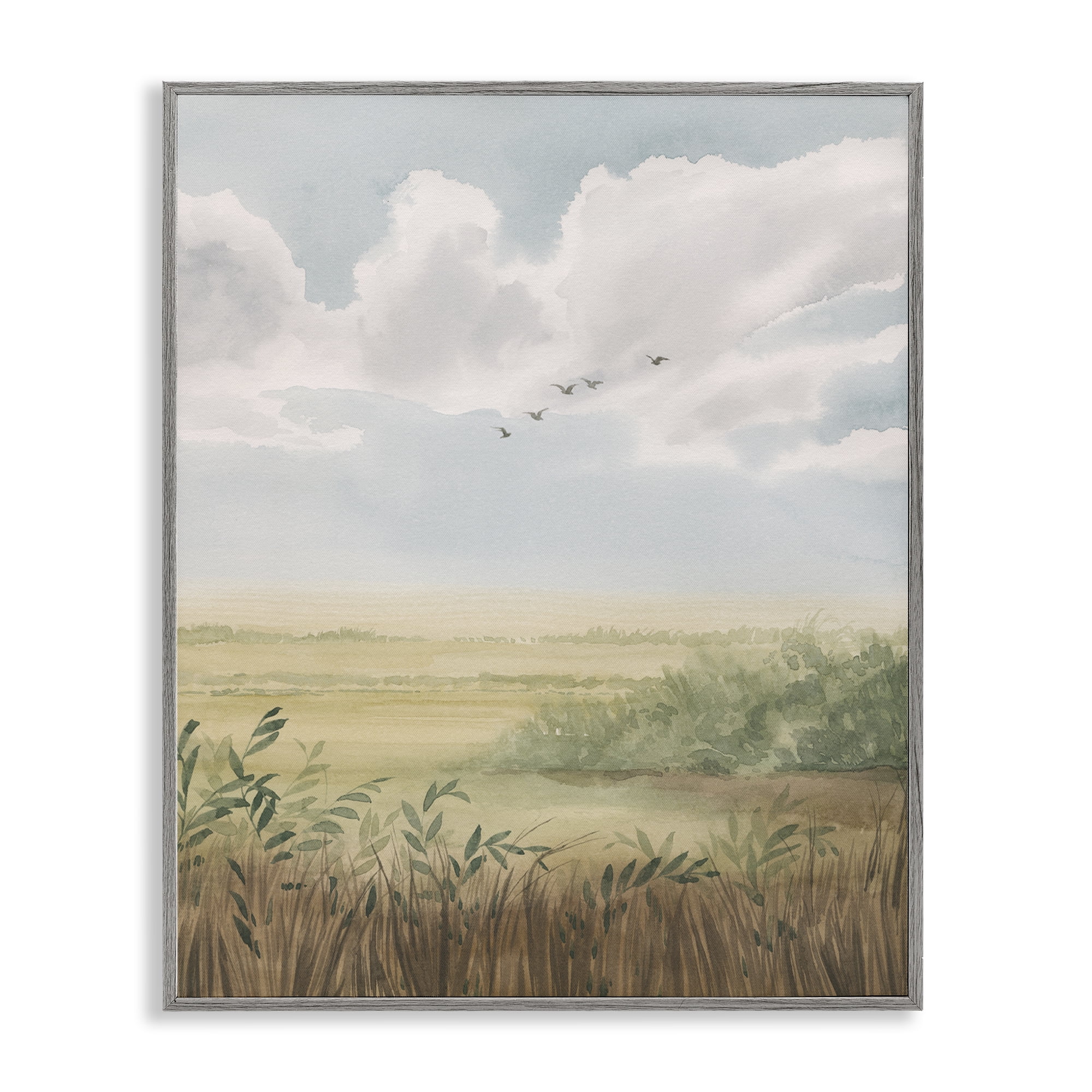Stupell Industries Birds Flying over Countryside Landscape & Nature Painting Gray Framed Art Print Wall Art, 16 x 20