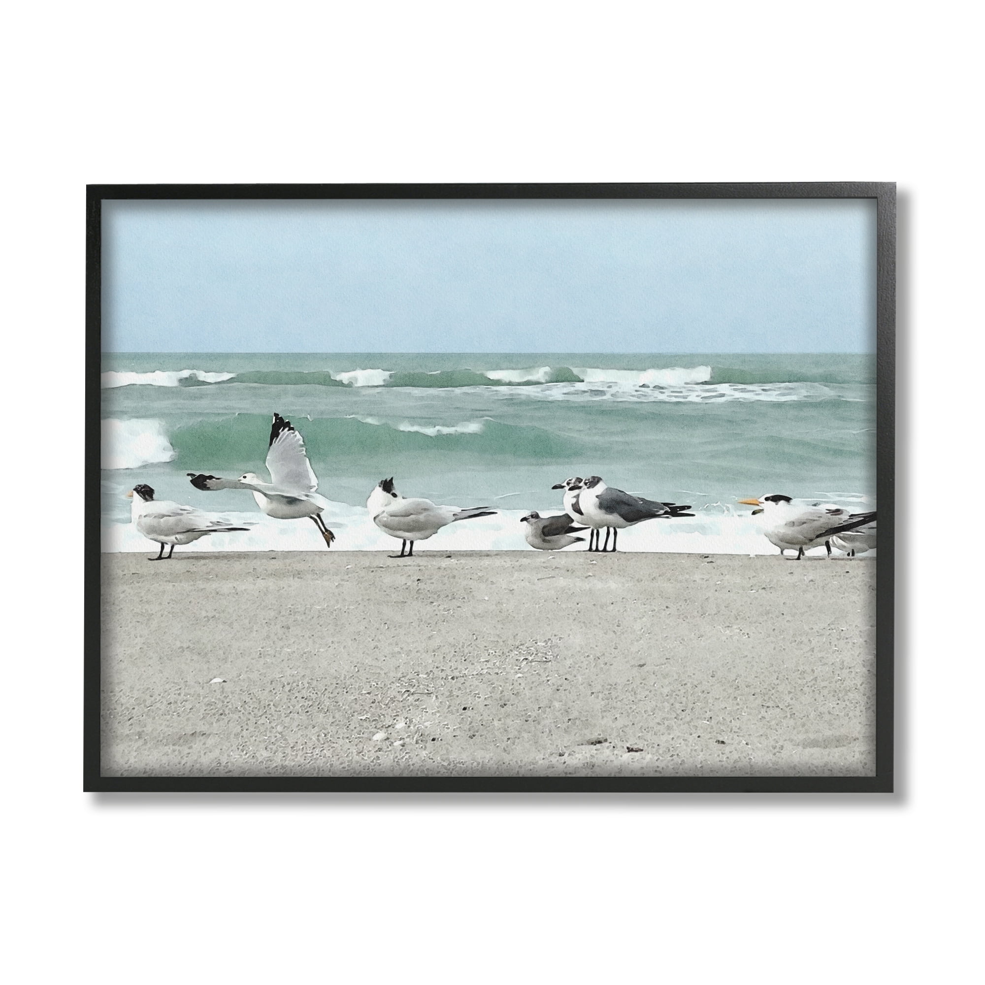 Stupell Industries Birds Gathering On Shore Rolling Ocean Waves Coastal Painting Black Framed Art Print Wall Art