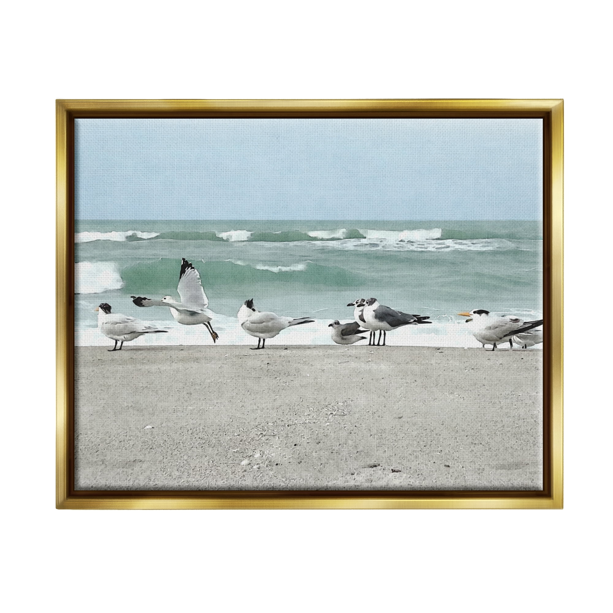 Stupell Industries Birds Gathering On Shore Rolling Ocean Waves Coastal Painting Gold Floater Framed Art Print Wall Art