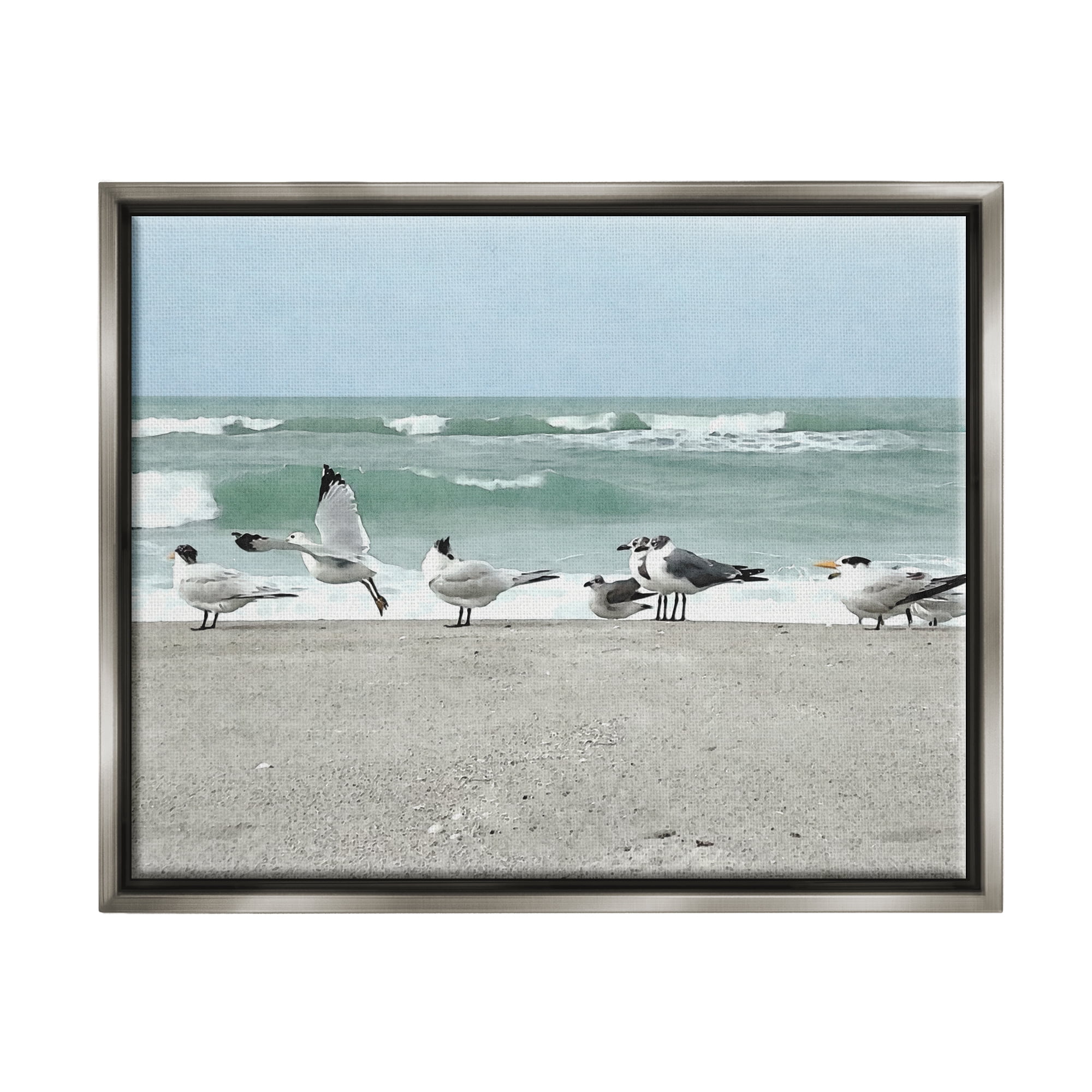 Stupell Industries Birds Gathering On Shore Rolling Ocean Waves Coastal Painting Gray Floater Framed Art Print Wall Art