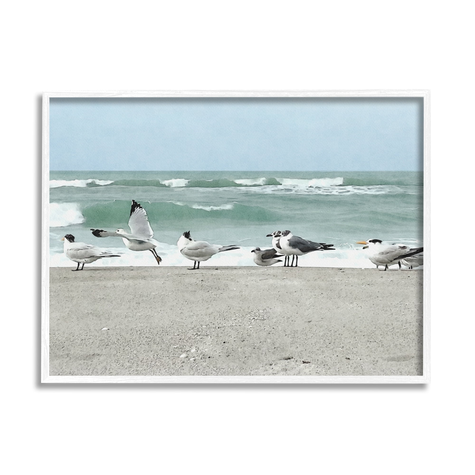 Stupell Industries Birds Gathering On Shore Rolling Ocean Waves Coastal Painting White Framed Art Print Wall Art