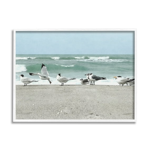 Stupell Industries Birds Gathering On Shore Rolling Ocean Waves Coastal Painting White Framed Art Print Wall Art