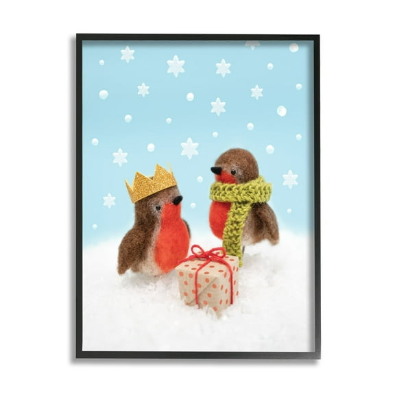 Stupell Industries Birds Gift Giving Christmas Snow Holiday Photography Black Framed Art Print Wall Art