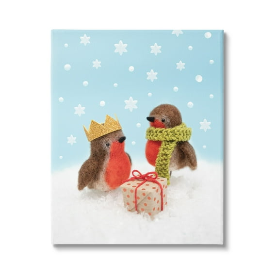 Stupell Industries Birds Gift Giving Christmas Snow Holiday Photography Gallery Wrapped Canvas Print Wall Art