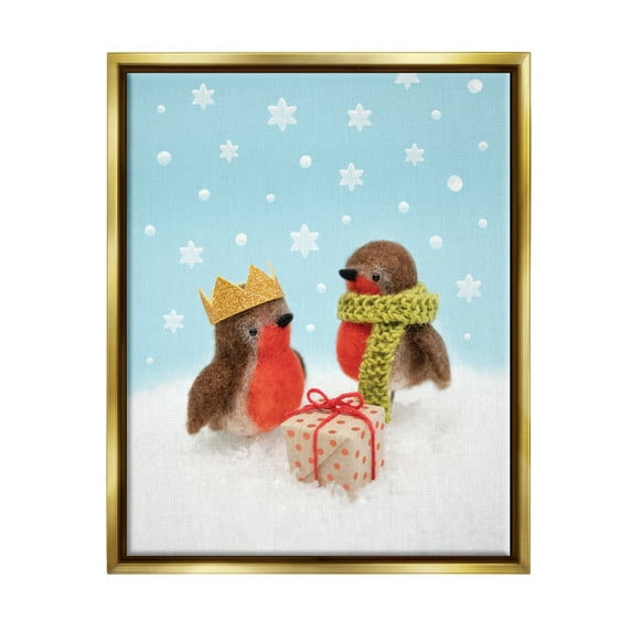 Stupell Industries Birds Gift Giving Christmas Snow Holiday Photography Gold Floater Framed Art Print Wall Art