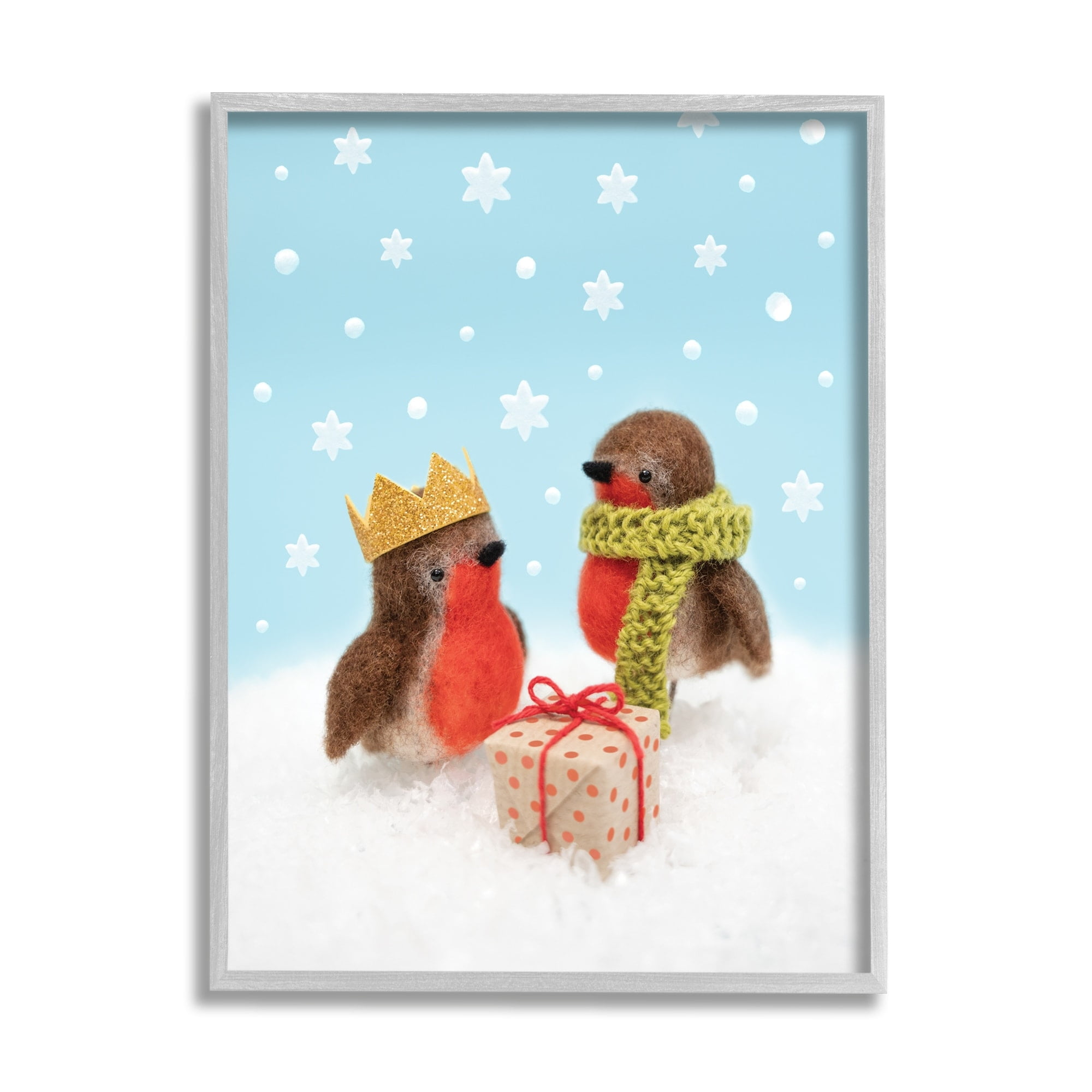 Stupell Industries Birds Gift Giving Christmas Snow Holiday Photography Gray Framed Art Print Wall Art