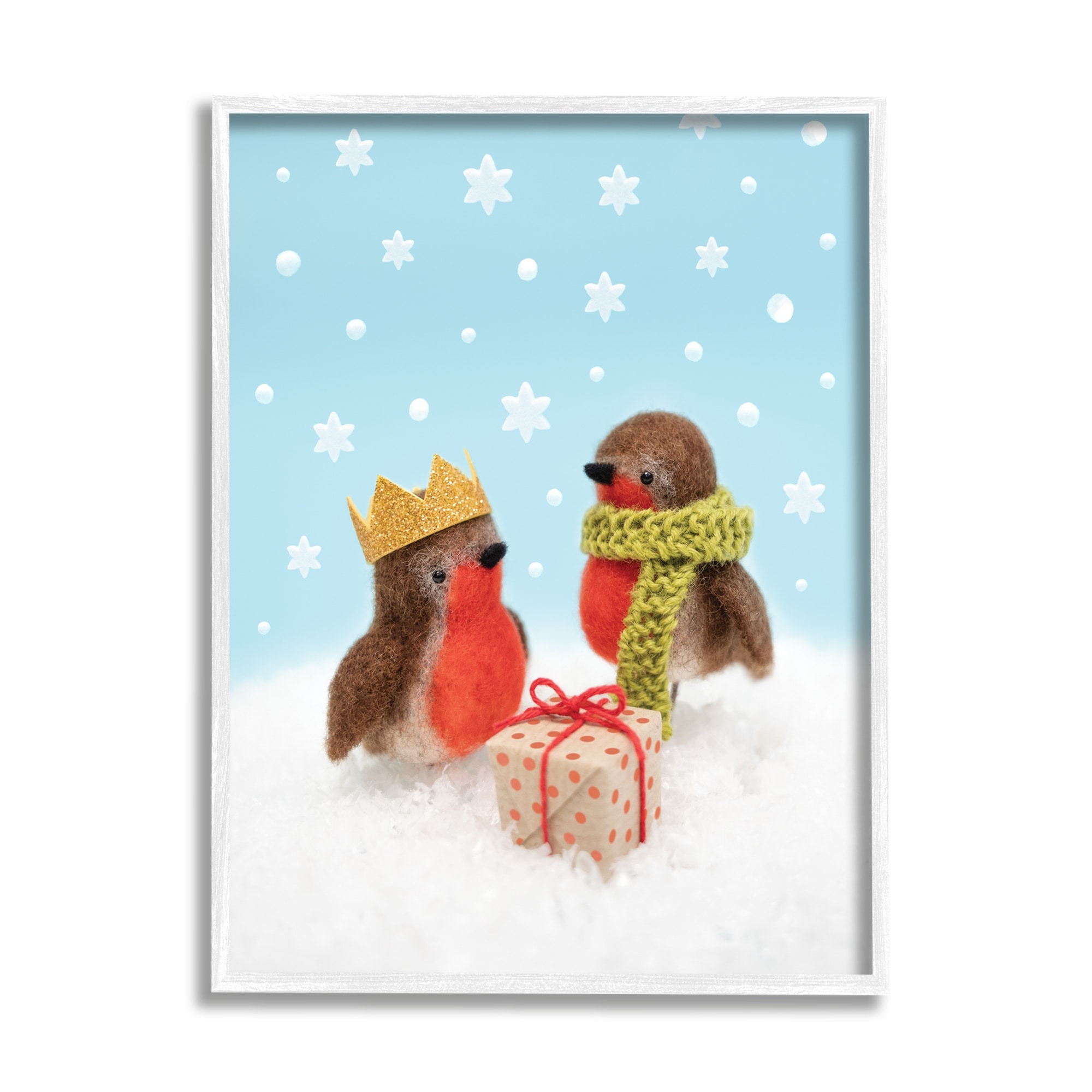 Stupell Industries Birds Gift Giving Christmas Snow Holiday Photography White Framed Art Print Wall Art