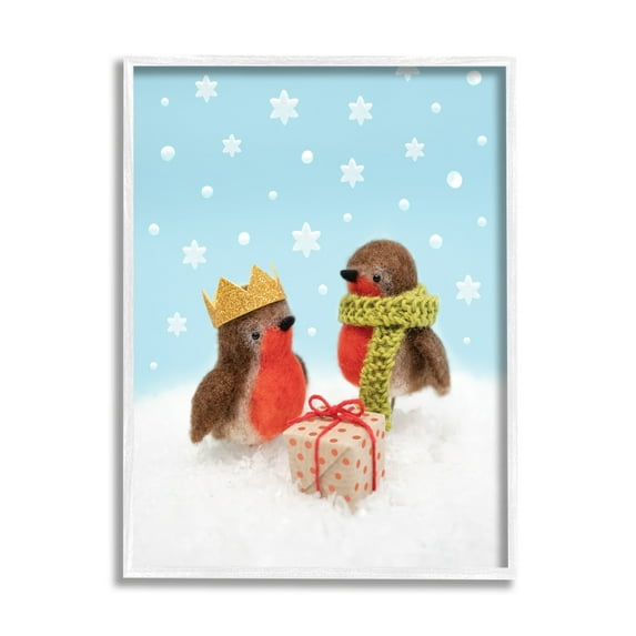 Stupell Industries Birds Gift Giving Christmas Snow Holiday Photography White Framed Art Print Wall Art