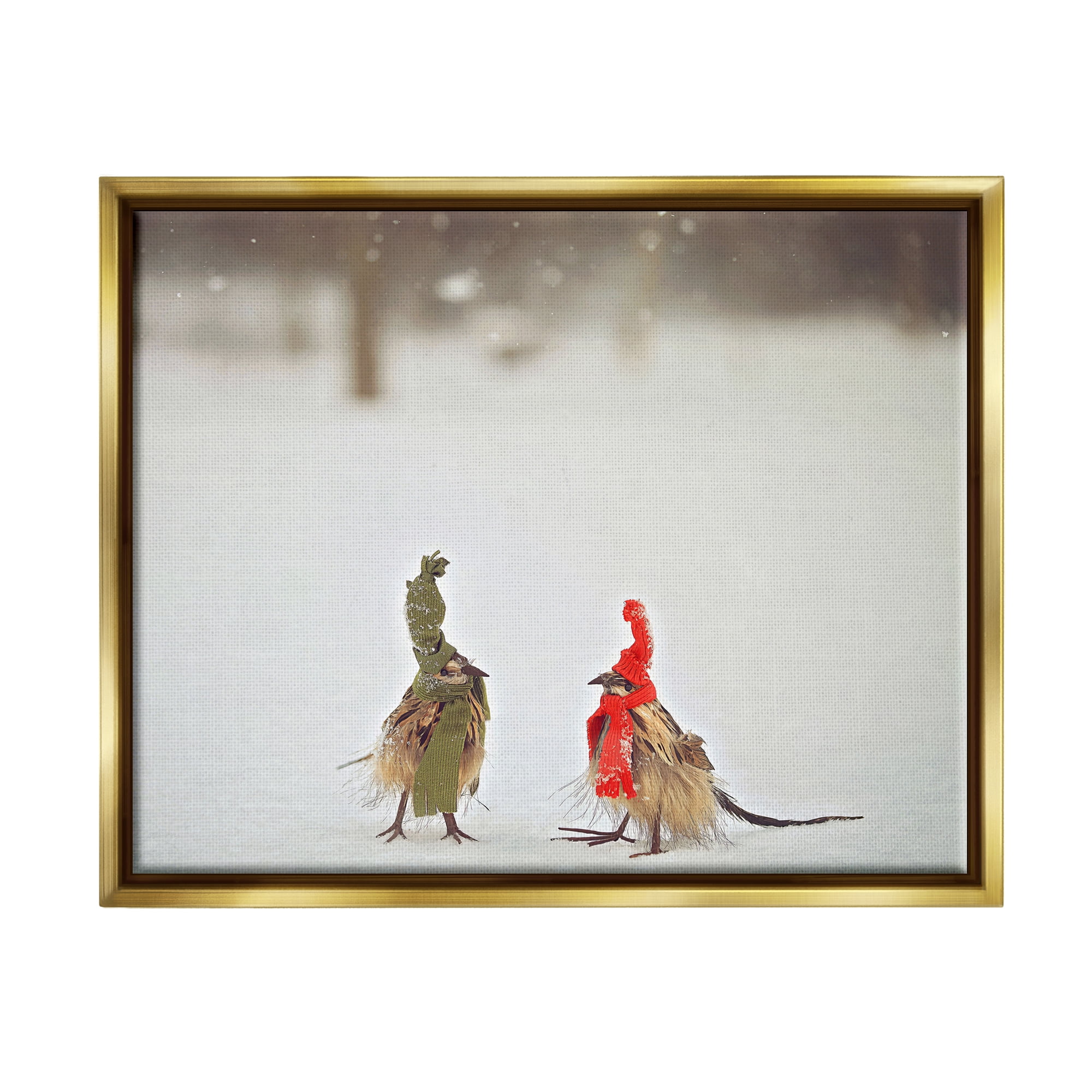 Stupell Industries Birds In Scarves Winter Snow Animals & Insects Photography Gold Floater Framed Art Print Wall Art