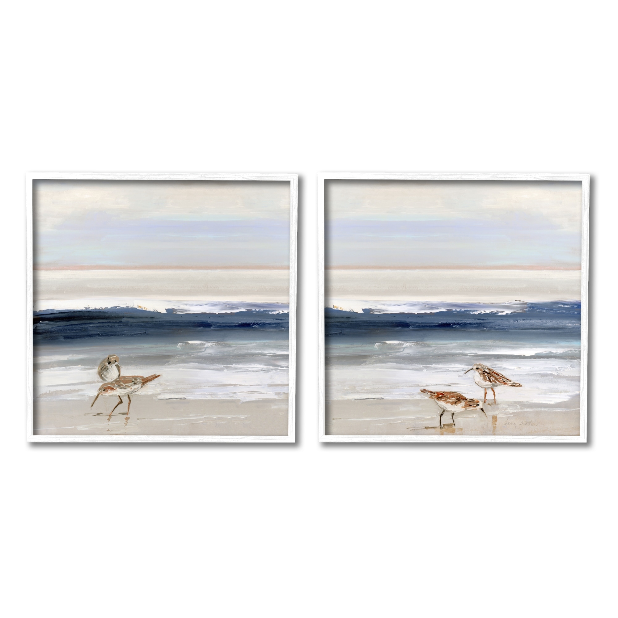 Stupell Industries Birds On Beach Shore Ocean Waves Blue Sky Landscape Paintings White Framed Art Print Wall Art Set of 2, 17x17, by Sally Swatland