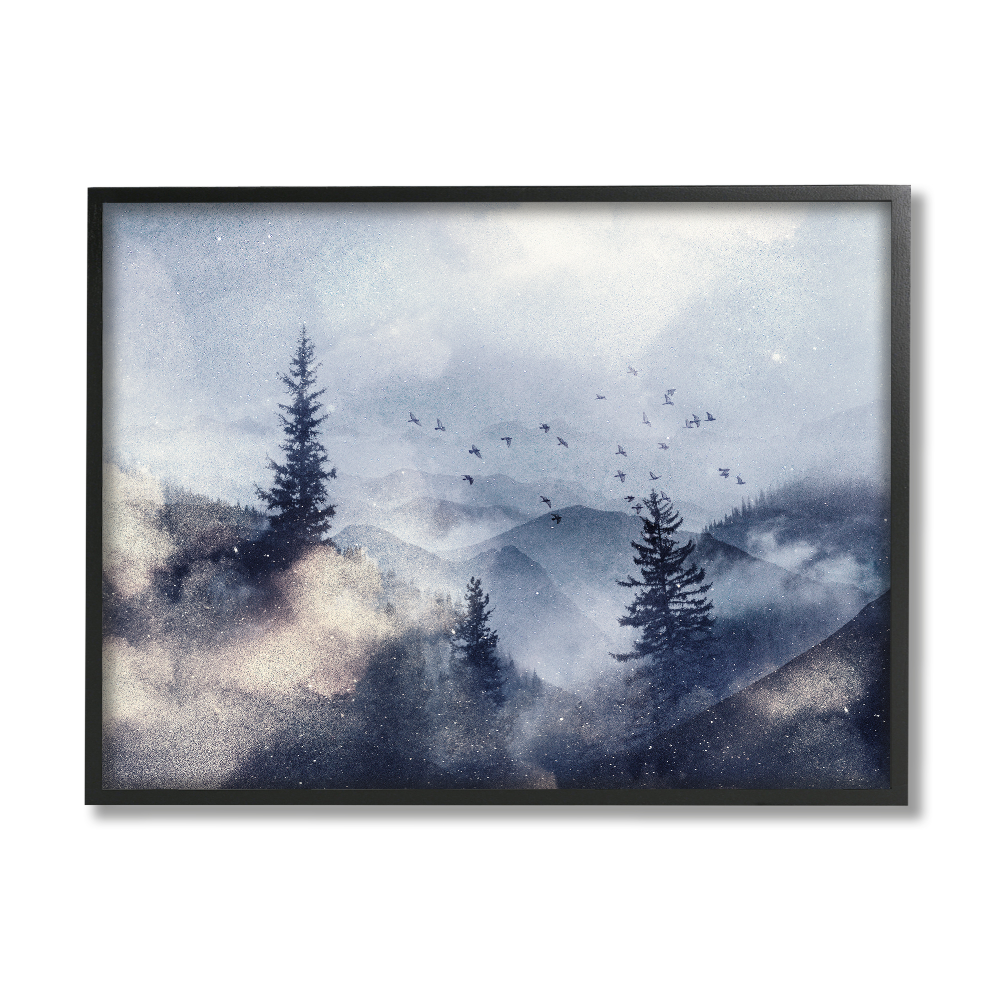 Stupell Industries Birds Over Mountain Scene Nature Painting Black Framed Art Print Wall Art, 14 x 11