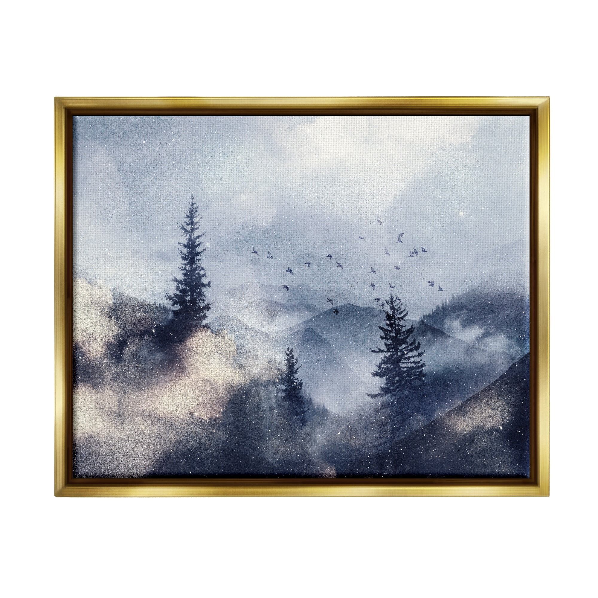 Stupell Industries Birds Over Mountain Scene Nature Painting Gold Floater Framed Art Print Wall Art, 31 x 25