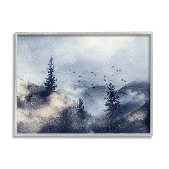Stupell Industries Birds Over Mountain Scene Nature Painting Gray Framed Art Print Wall Art, 20 x 16