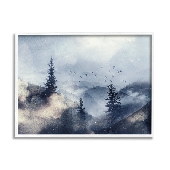 Stupell Industries Birds Over Mountain Scene Nature Painting White Framed Art Print Wall Art, 14 x 11