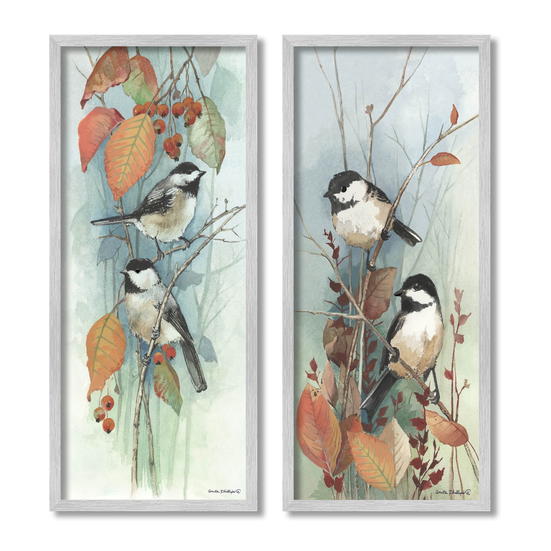 Stupell Industries Birds Perched Autumn Trees Graphic Art Gray Framed Art Print Wall Art, Set of 2, Design by Anita Phillips