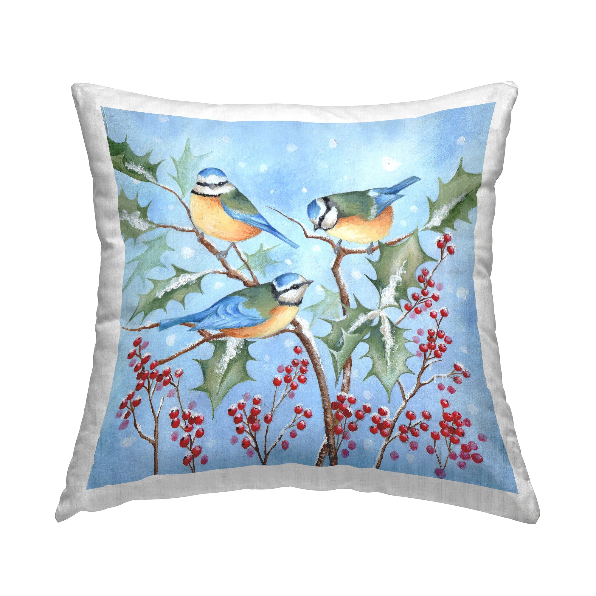 Stupell Industries Birds Perched Winter Holly Berries Square Decorative Printed Throw Pillow, 18 x 18,