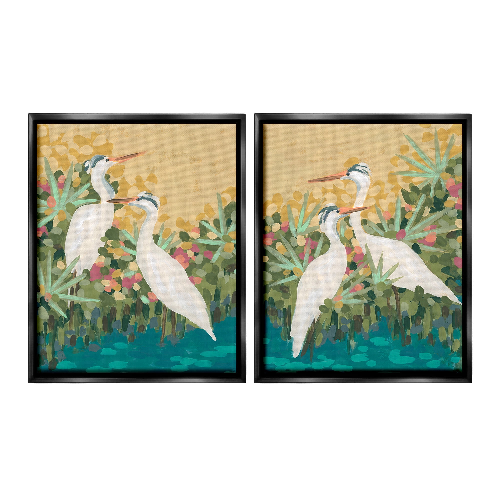 Stupell Industries Birds & Pond Botanicals Animals & Insects Painting Black Floater Framed Canvas Art Print Wall Art, 25 x 31, Set of 2