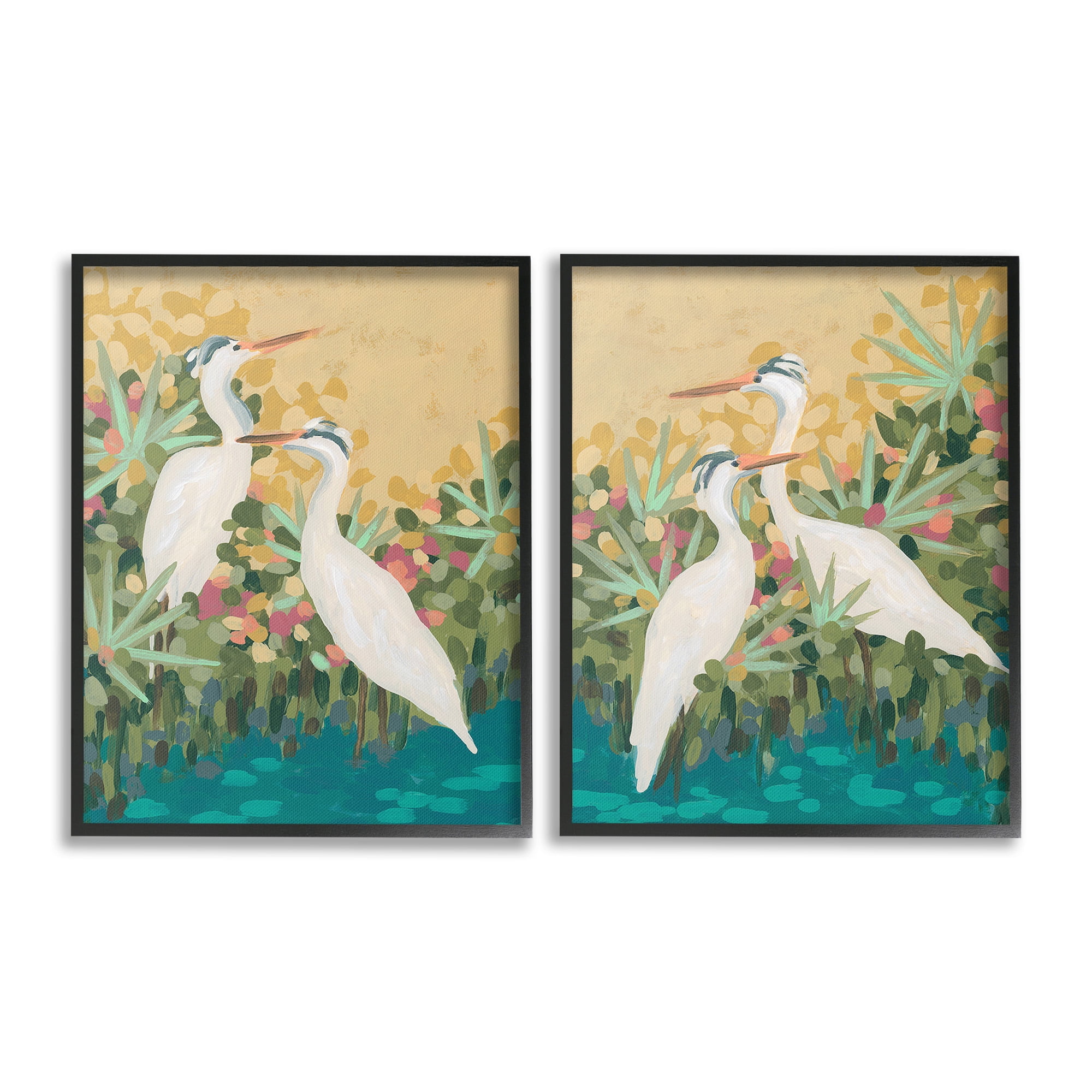 Stupell Industries Birds & Pond Botanicals Animals & Insects Painting Black Framed Art Print Wall Art, 16 x 20, Set of 2