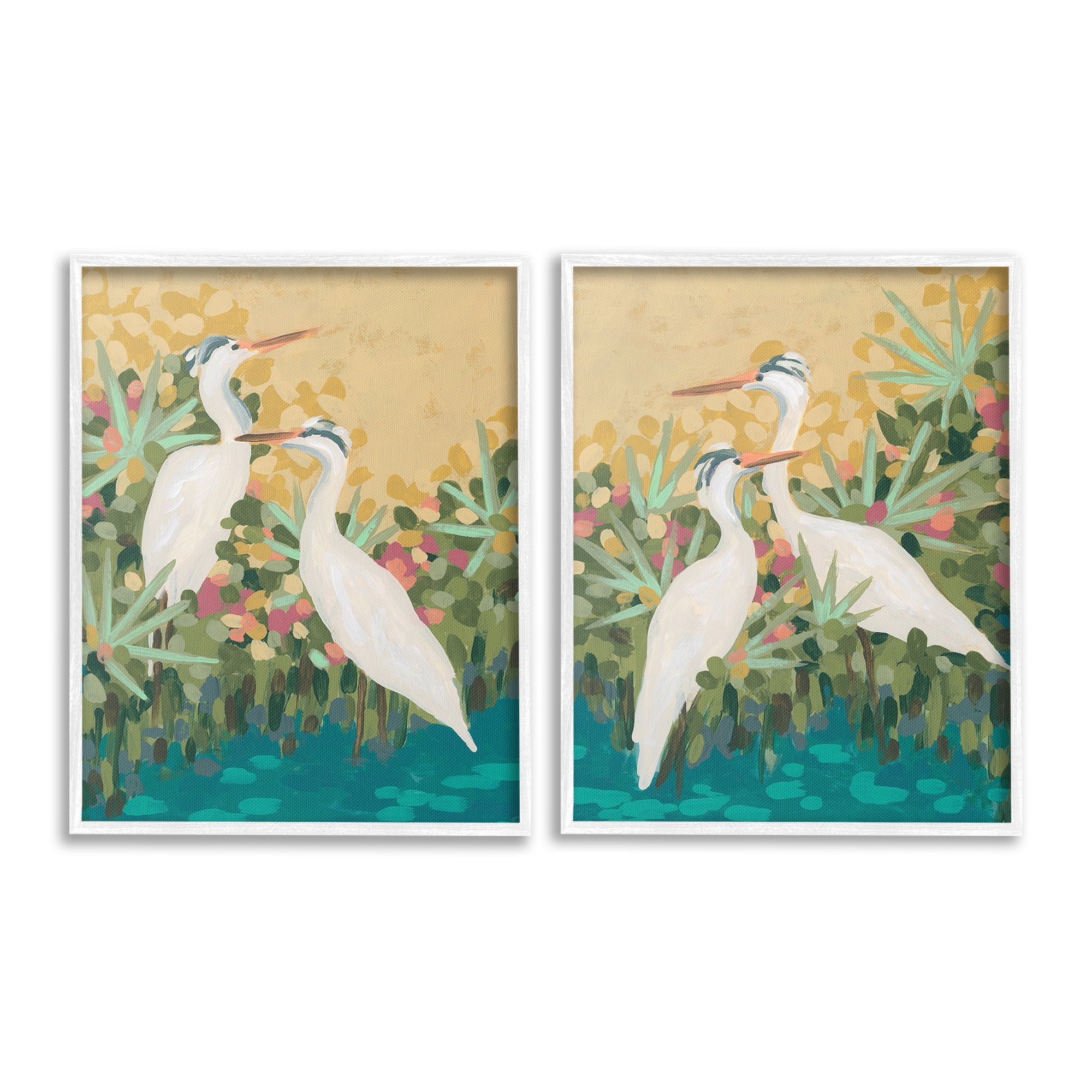 Stupell Industries Birds & Pond Botanicals Animals & Insects Painting White Framed Art Print Wall Art, 16 x 20, Set of 2