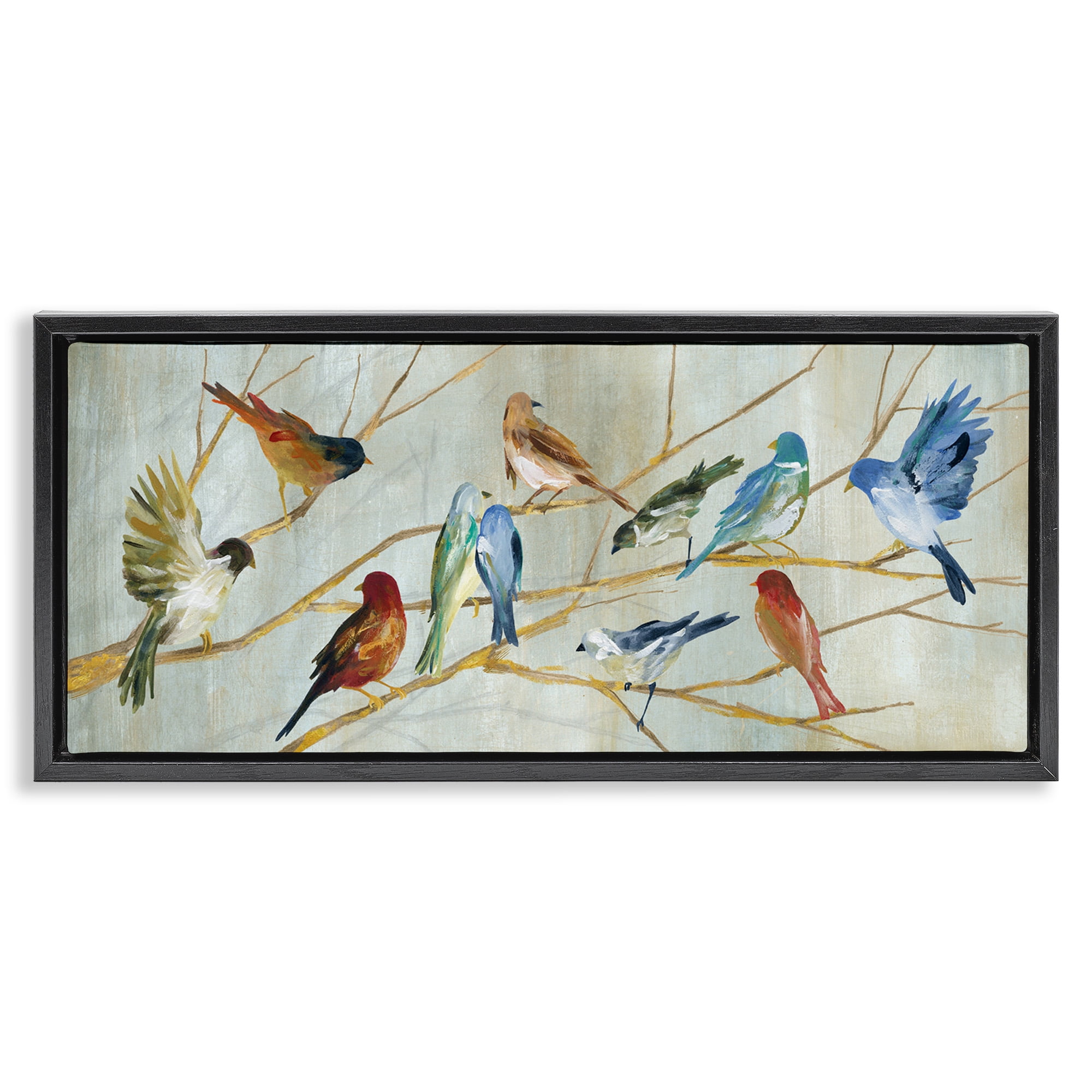 Stupell Industries Birds Resting Autumn Branches Animals & Insects Painting Black Floater Framed Canvas Art Print Wall Art, 31 x 14
