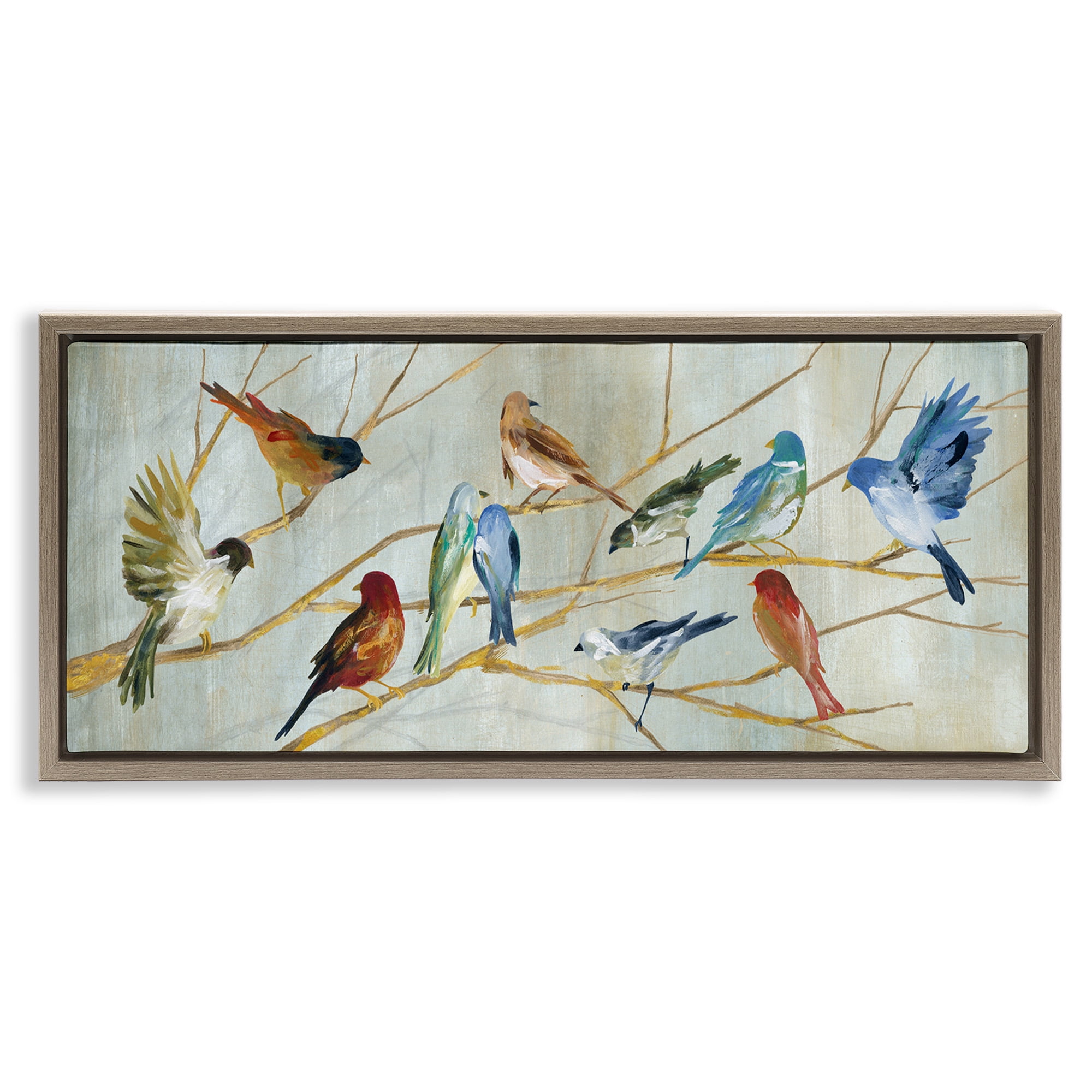 Stupell Industries Birds Resting Autumn Branches Animals & Insects Painting Brown Floater Framed Canvas Art Print Wall Art, 31 x 14