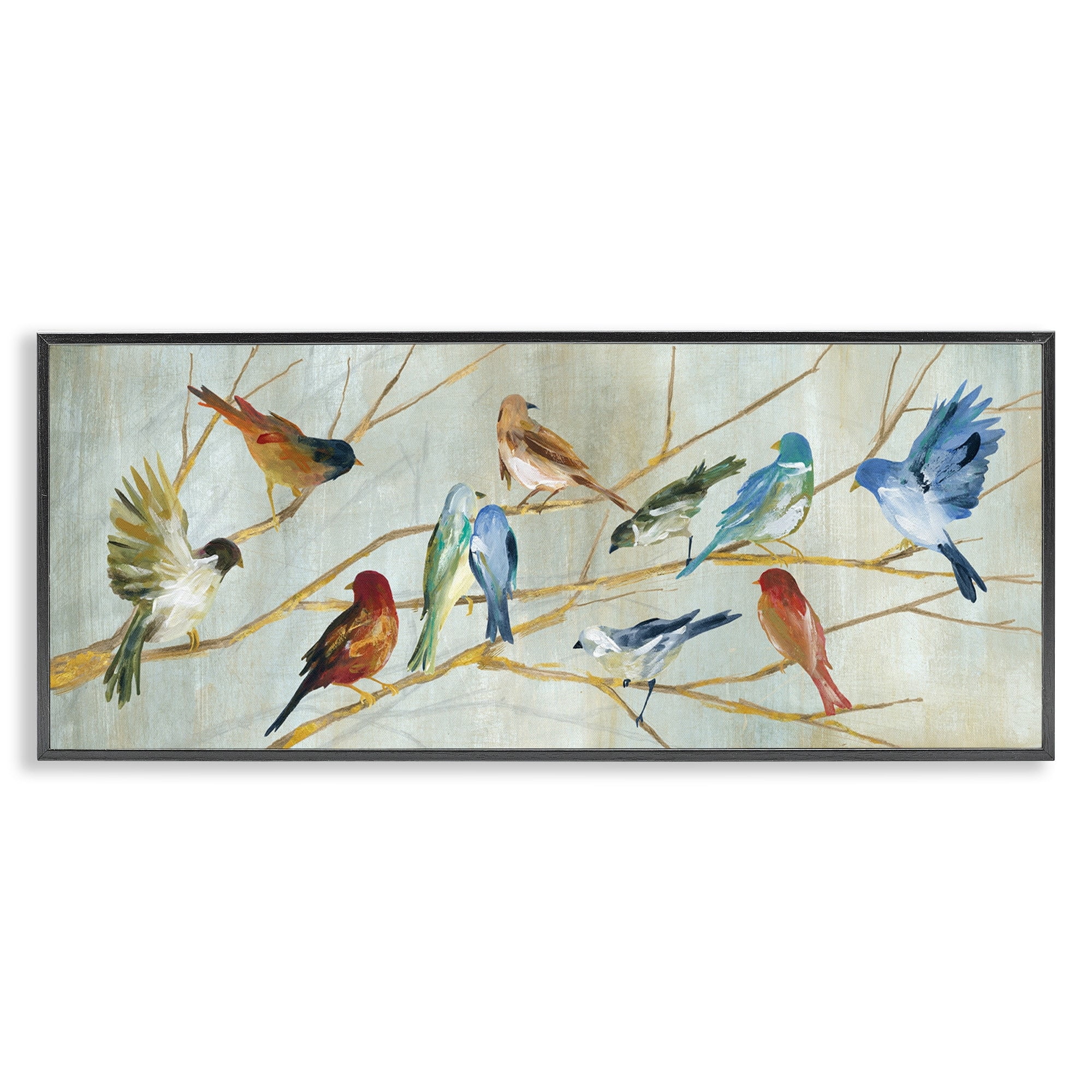 Stupell Industries Birds Resting Autumn Tree Branches Blue Red Brown Animals & Insects Painting Black Framed Art Print Wall Art, 13 x 30