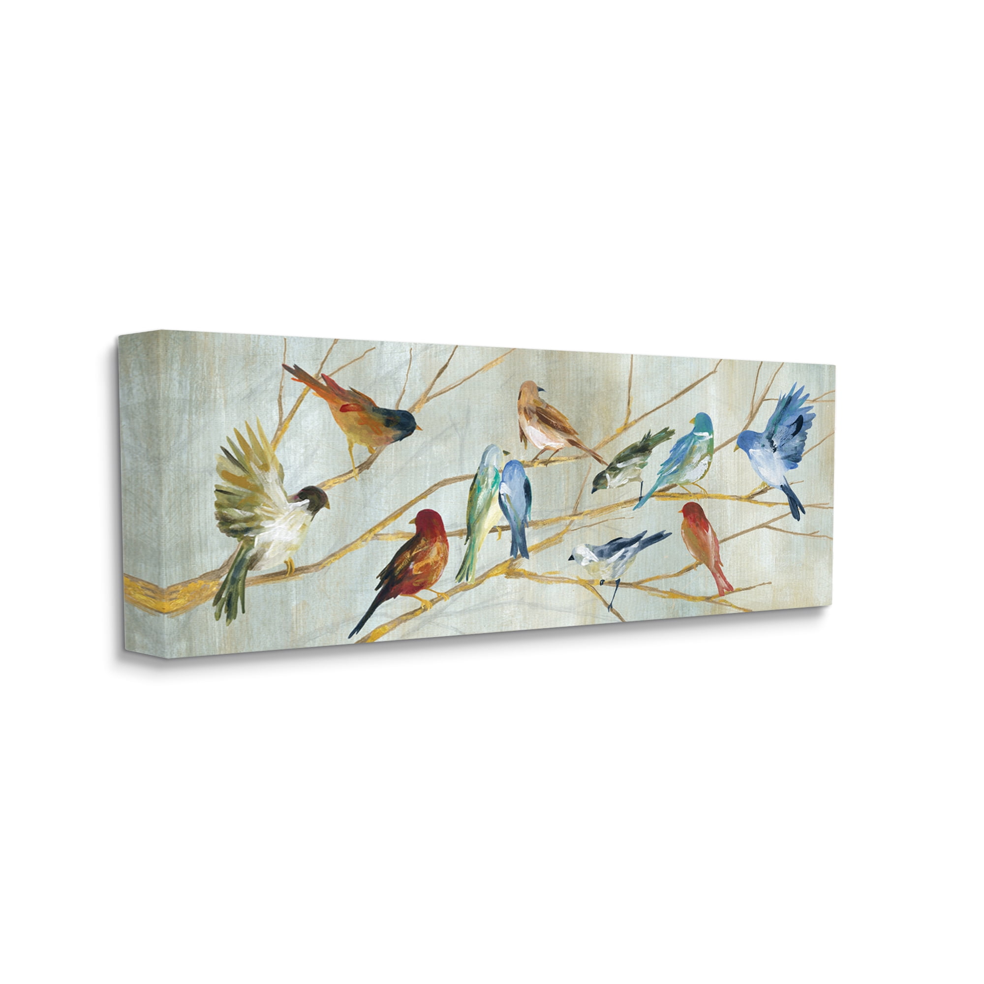 Stupell Industries Birds Resting Autumn Tree Branches Blue Red Brown Animals & Insects Painting Gallery Wrapped Canvas Print Wall Art, 10 x 24