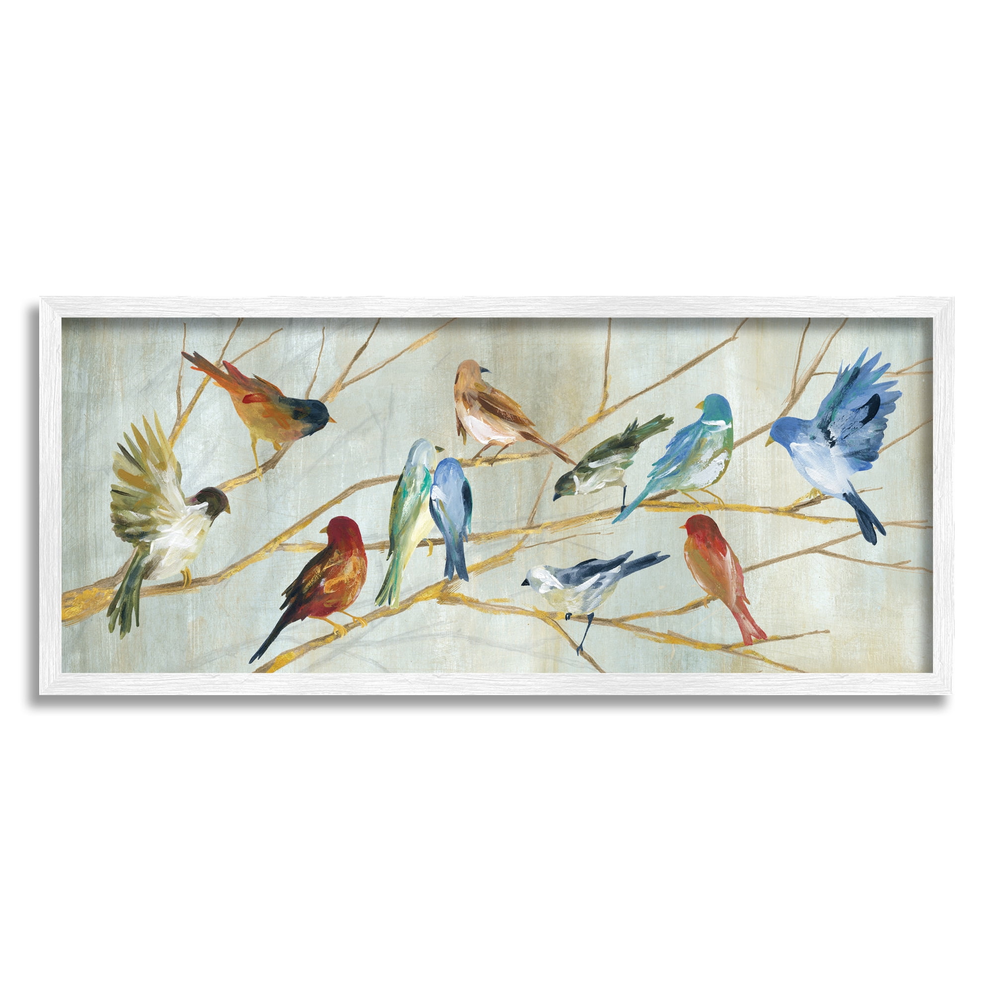 Colorful Birds on Branches Canvas Print with White Frame, 13 x 30