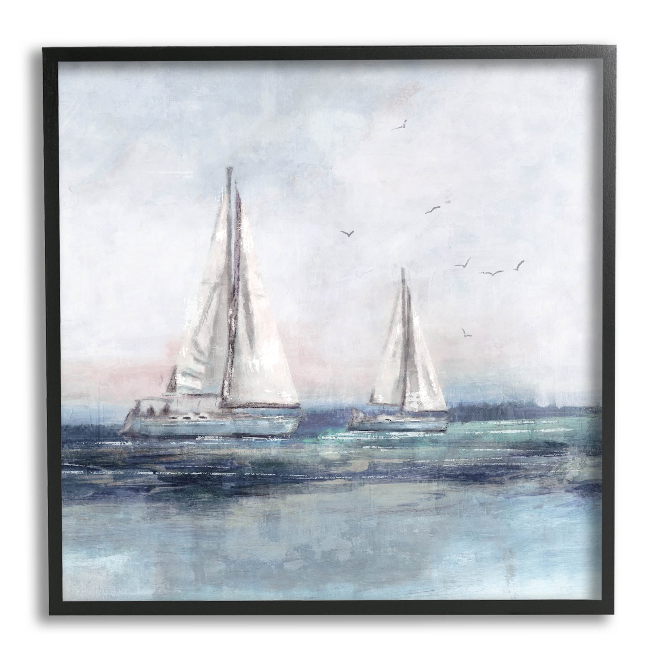 Stupell Industries Birds Surrounding Sailboats Ocean Waves Painting Black Framed Art Print Wall Art, Design by Nina Blue