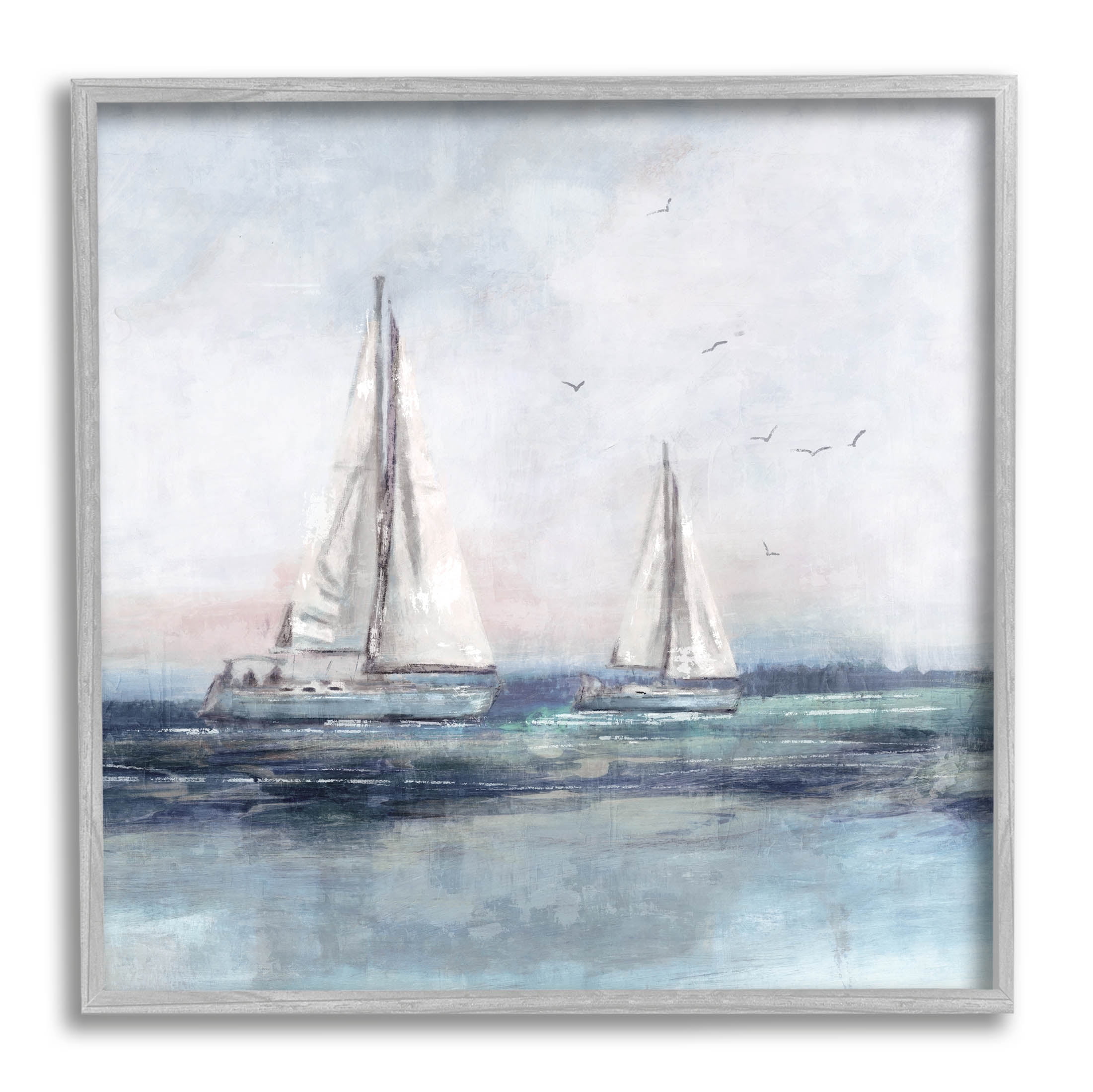 Stupell Industries Birds Surrounding Sailboats Ocean Waves Painting Gray Framed Art Print Wall Art, Design by Nina Blue