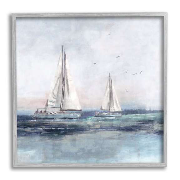 Stupell Industries Birds Surrounding Sailboats Ocean Waves Painting Gray Framed Art Print Wall Art, Design by Nina Blue
